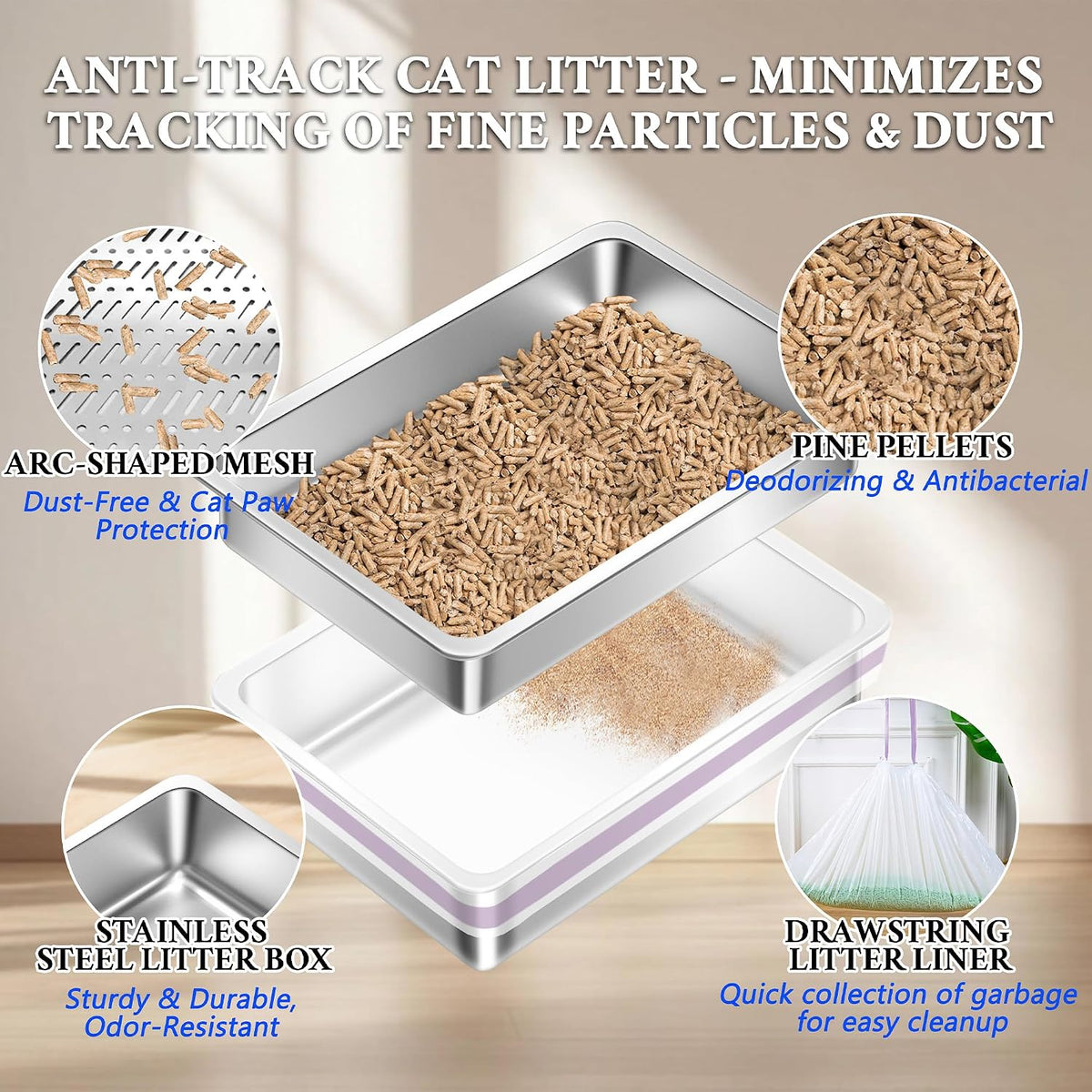 Stainless Steel Sifting Small Cat Litter Box for Pine Pellets, Metal Kitten Litter Box Sifter Pan with Litter Scoop, Low Dust, Odor Control, Easy Cleaning, 15.7" L x 11.8" W x 6" H
