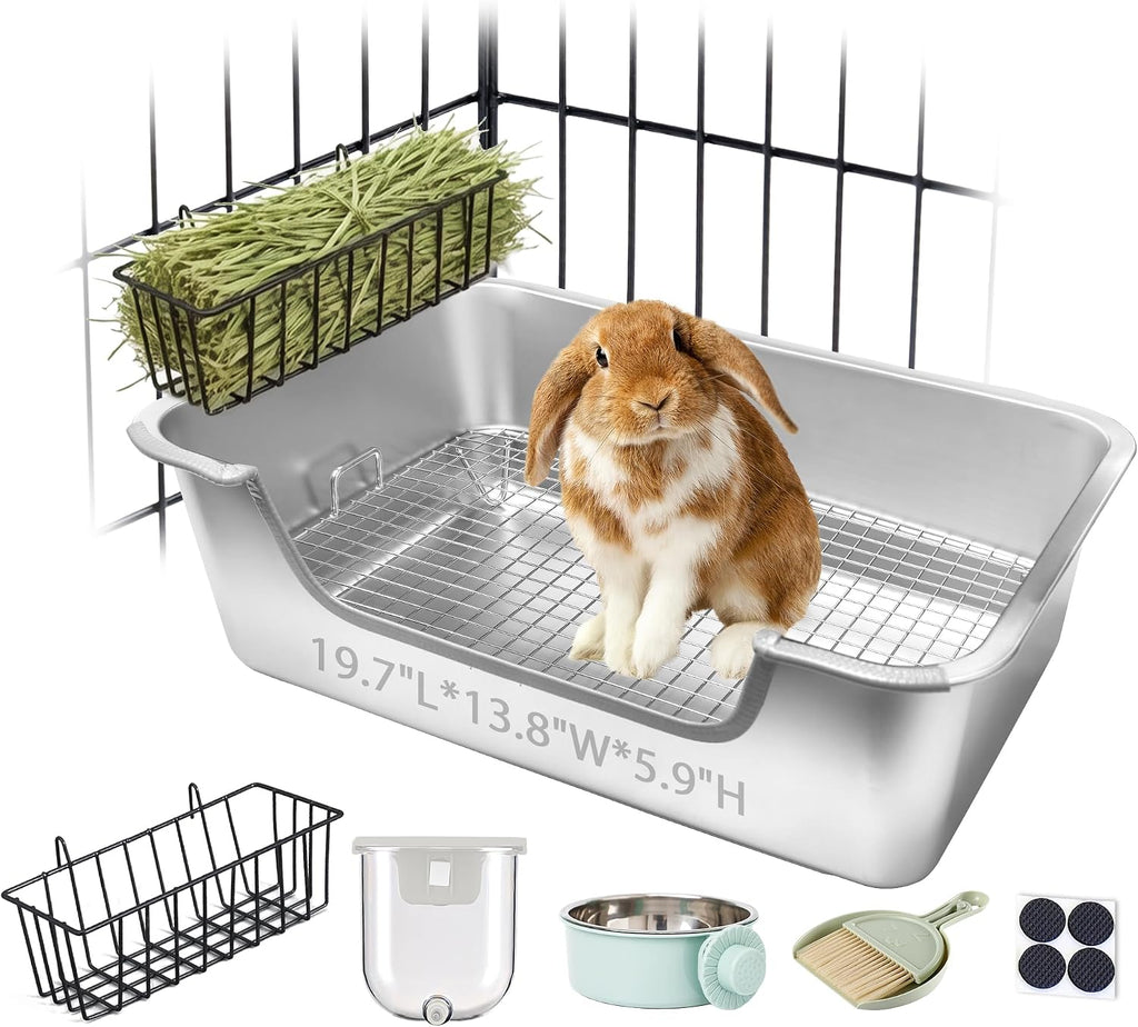 Stainless Steel Rabbit Litter Box with Hay Feeder Set for Guinea Pig