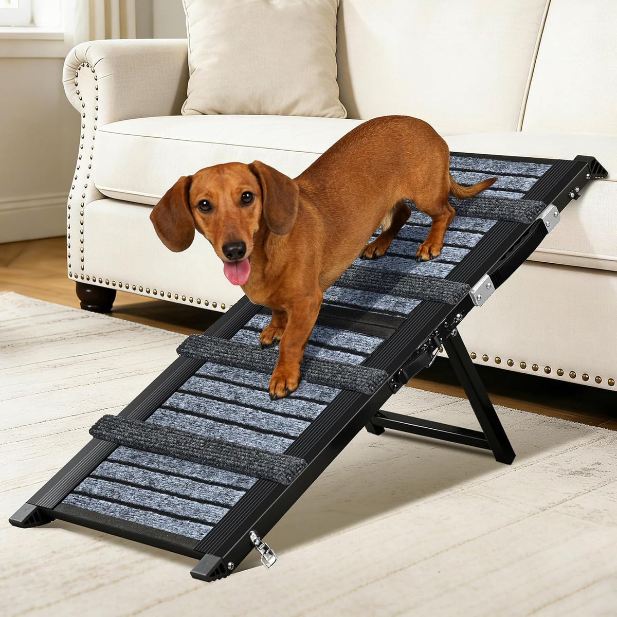 Upgraded Dog Ramp for Couch & Bed, Foldable Small Dog Ramp for Sofa Stairs, 4 Adjustable Height from 10'' to 20'', Aluminum Portable Stable Pet Steps with Non-Slip Pad, Up to 35 lbs