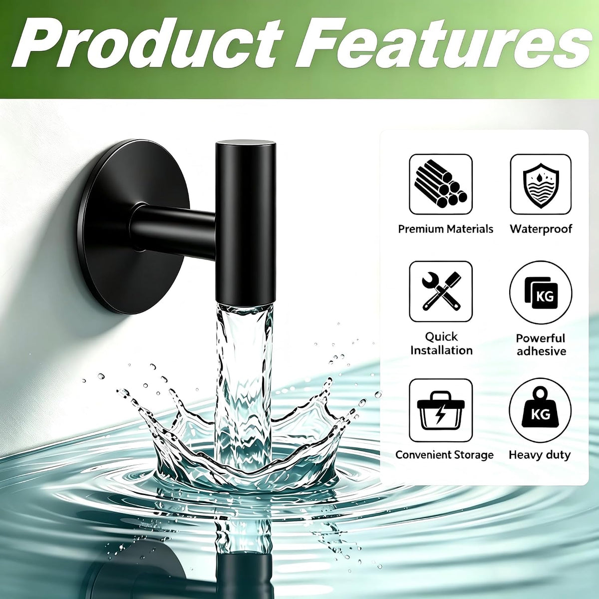 Self-Adhesive Coat Hooks, Stainless Steel Heavy Duty Wall Hooks, Towel Hooks for Hanging Robes, Aprons, Coats and Hats in Bathrooms,Kitchens and Hotels(Black, 4 Pack)