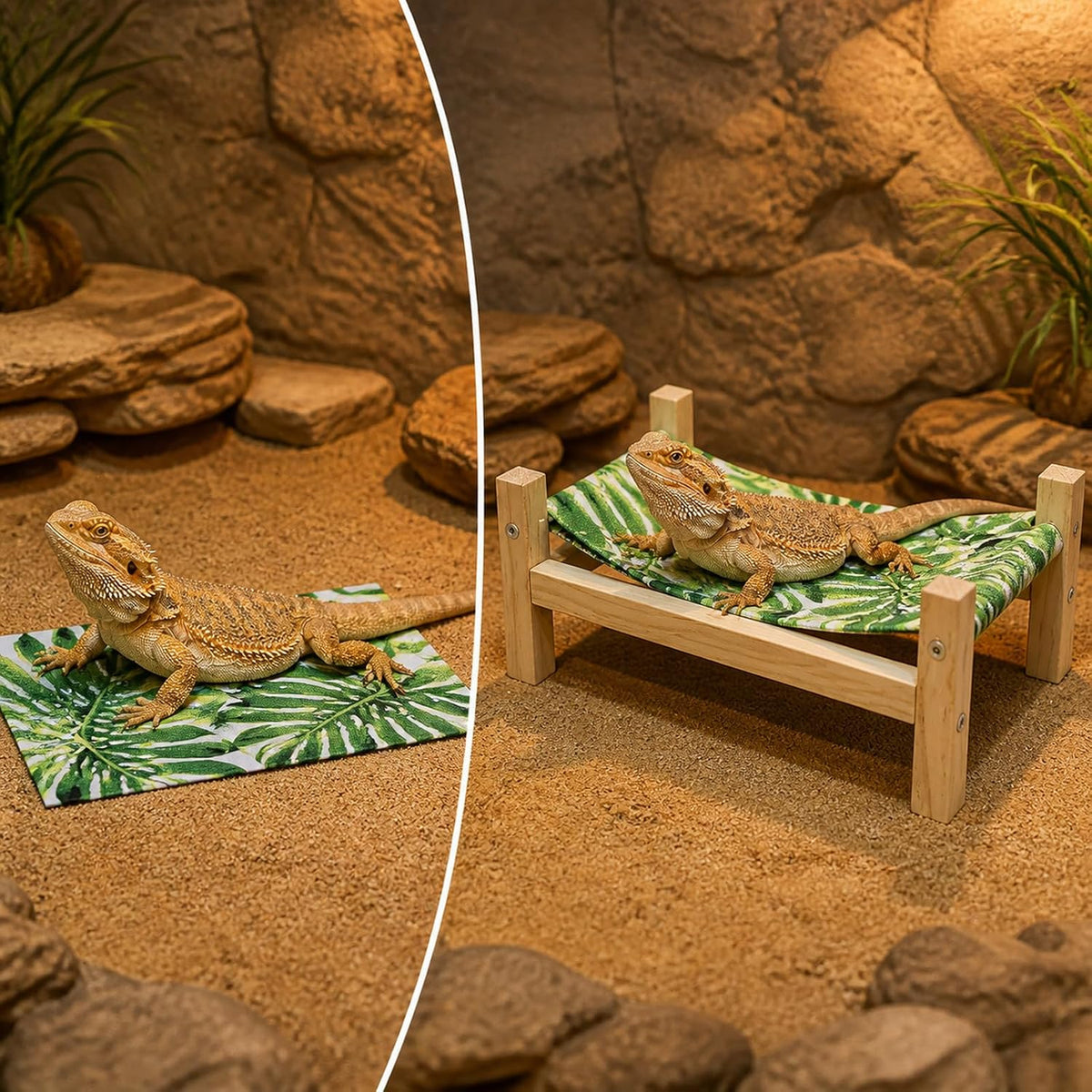 Wooden Frame Reptile Hammock, Freestanding Bearded Dragon Bed for Terrarium
