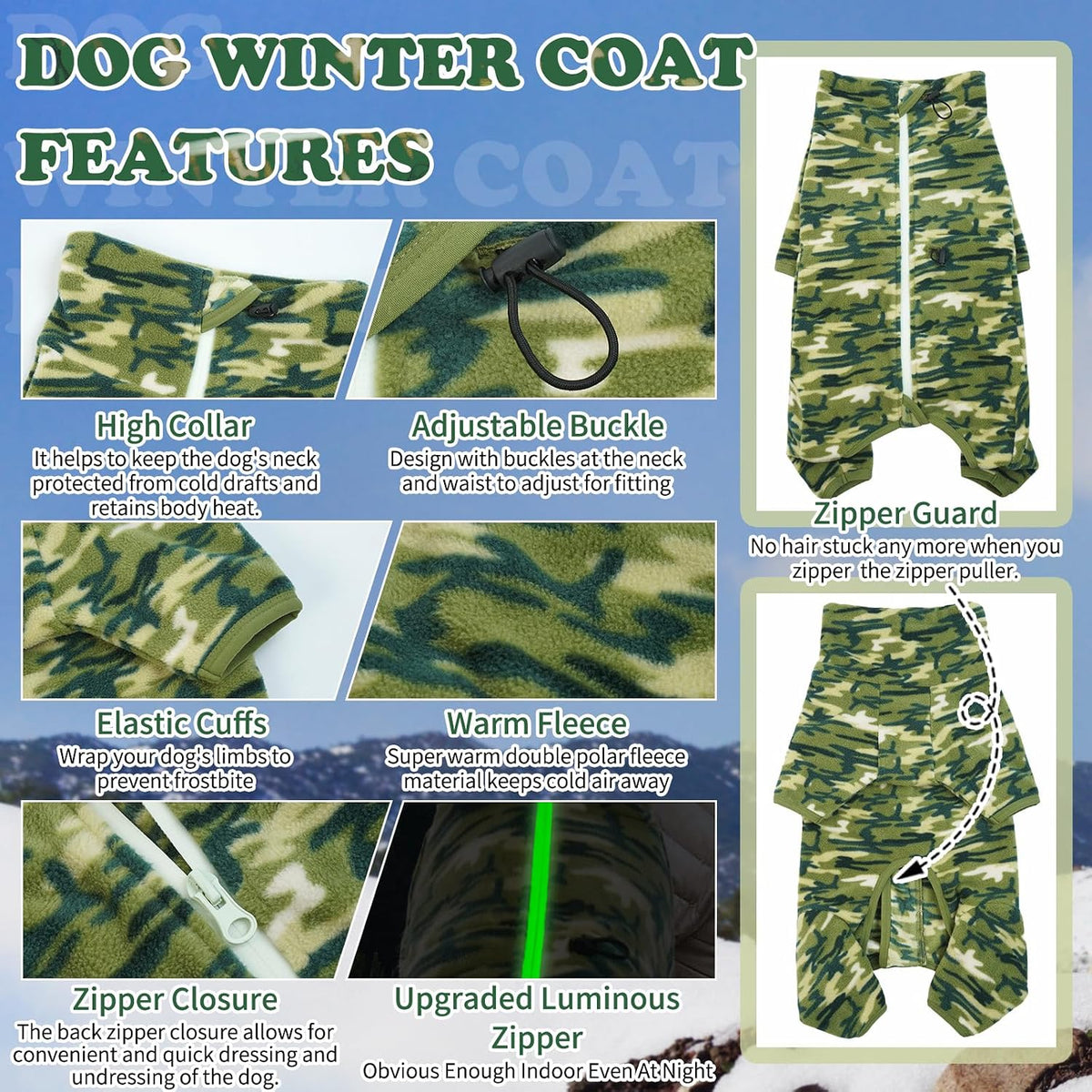 ROZKITCH Extra Large Dog Sweater, Pet Windproof Warm Cold Weather Jacket Vest with Luminous Zipper, Jumpsuit Apparel Outfit Clothes for Large Giant Dog Camo 4XL
