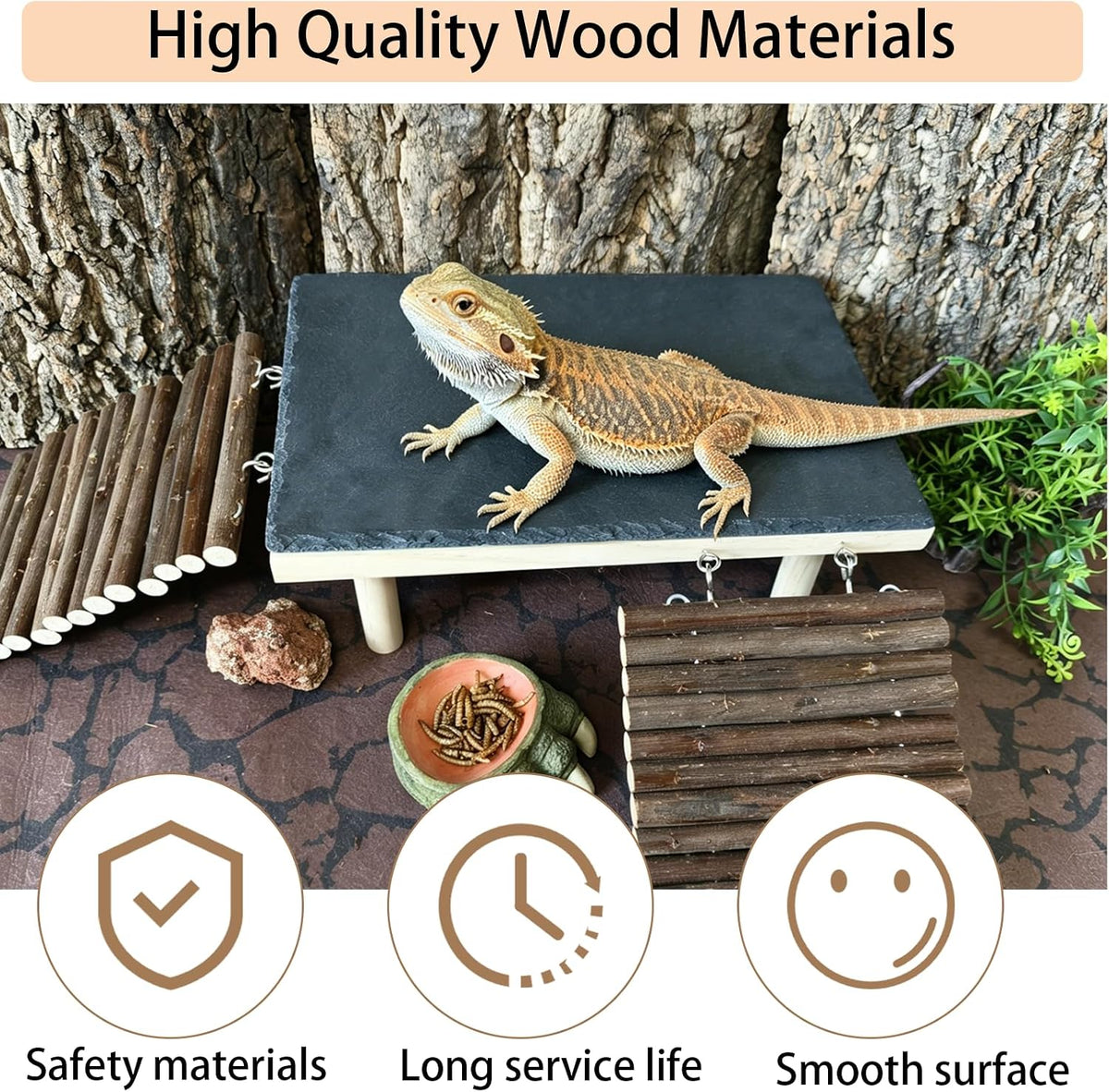 Bearded Dragon Basking Platform with Climbing Ramp & Reptile Rock