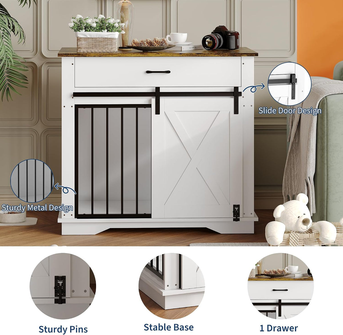 Garvee 38" Farmhouse Style Dog Crate Furniture - Indoor Wooden Dog Kennel with Sliding Barn Door, Buffet Cabinet with Storage Drawer & Pet Cage House Side Table for Small Medium Large Dogs