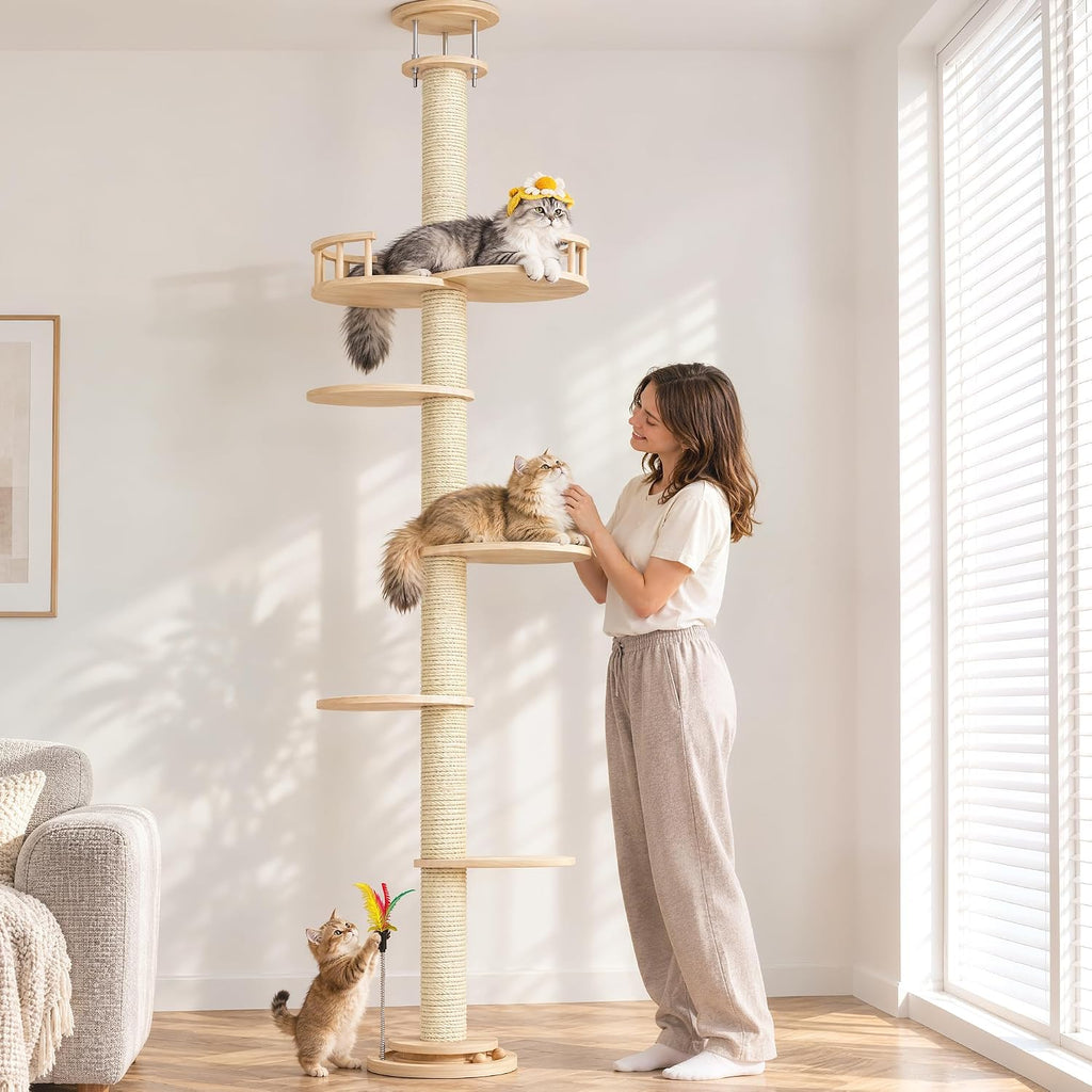 Floor to Ceiling Cat Tree, 80-94" Adjustable Wood Cat Tower, Beige