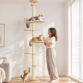 Floor to Ceiling Cat Tree, 80-94" Adjustable Wood Cat Tower, Beige