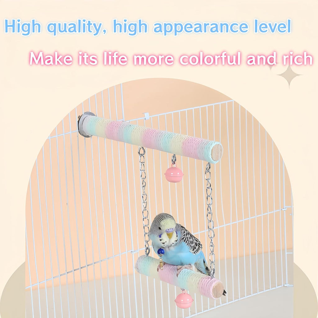 Parrot Swing A Standing Pole, Colorful Cotton Rope Wooden Swing with Metal Chain and Clasp（1Pcs）