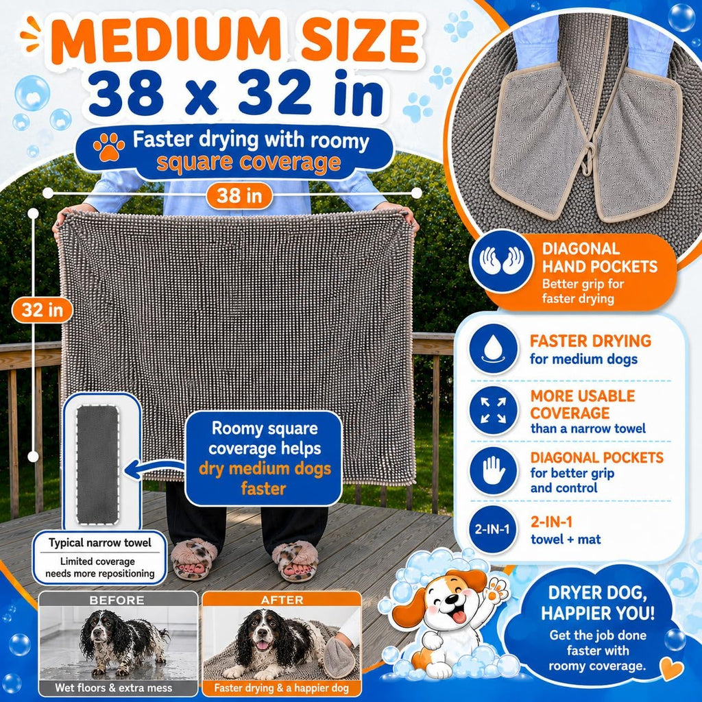 Pet 2-in-1 Dog Towel & Mat – Transforms from Drying to Bath Mat, Ultra Soft, Absorbent & Quick-Drying, Machine Washable Dog Towels with Detachable Non-Slip Mat and Hand Pockets (Medium)