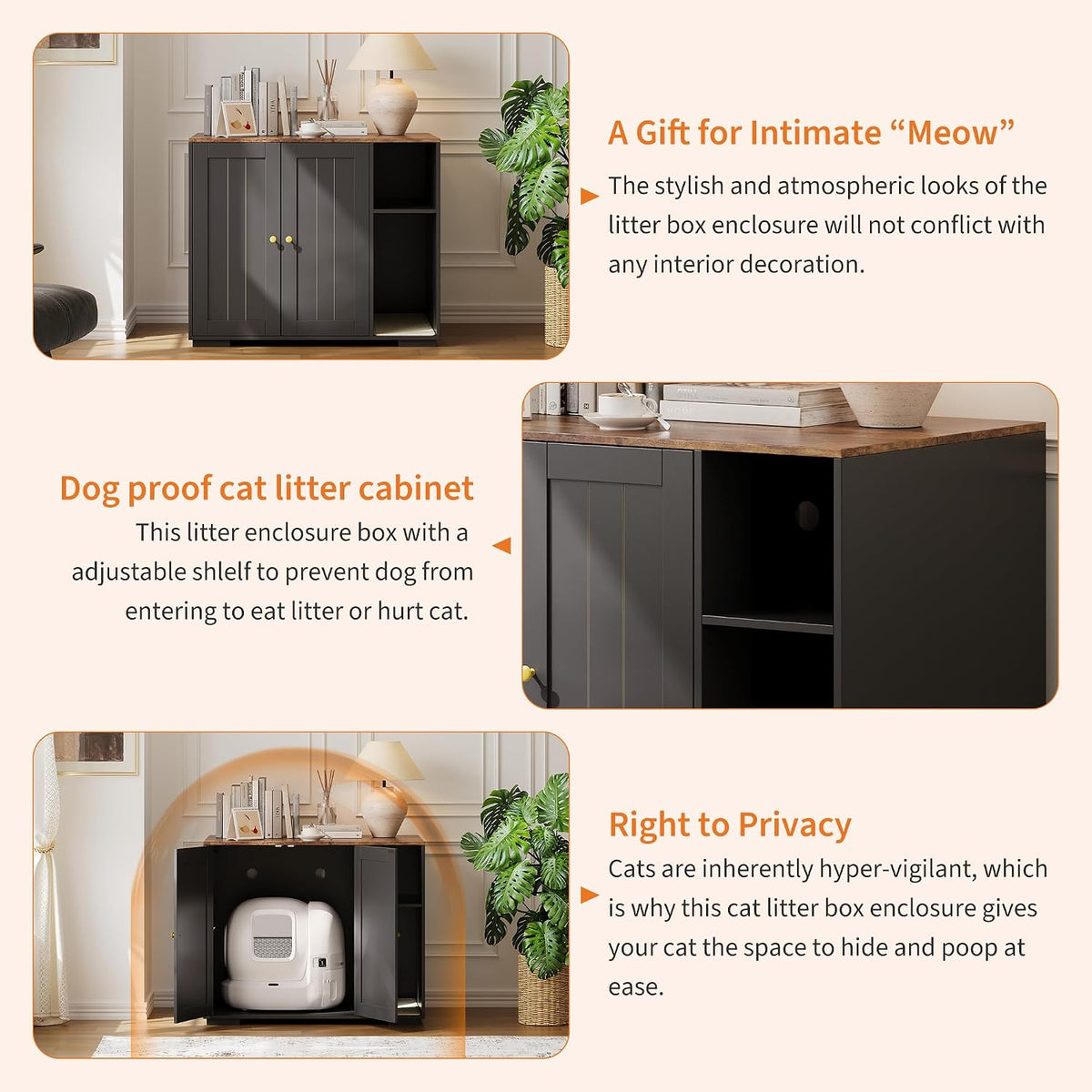 Hidden Cat Litter Box Enclosure – Dog-Proof Large Cabinet with Mark-Resistant Pad, Power Outlet & Storage – Discreet Indoor Cat Bathroom Furniture for Self-Cleaning Units – Black