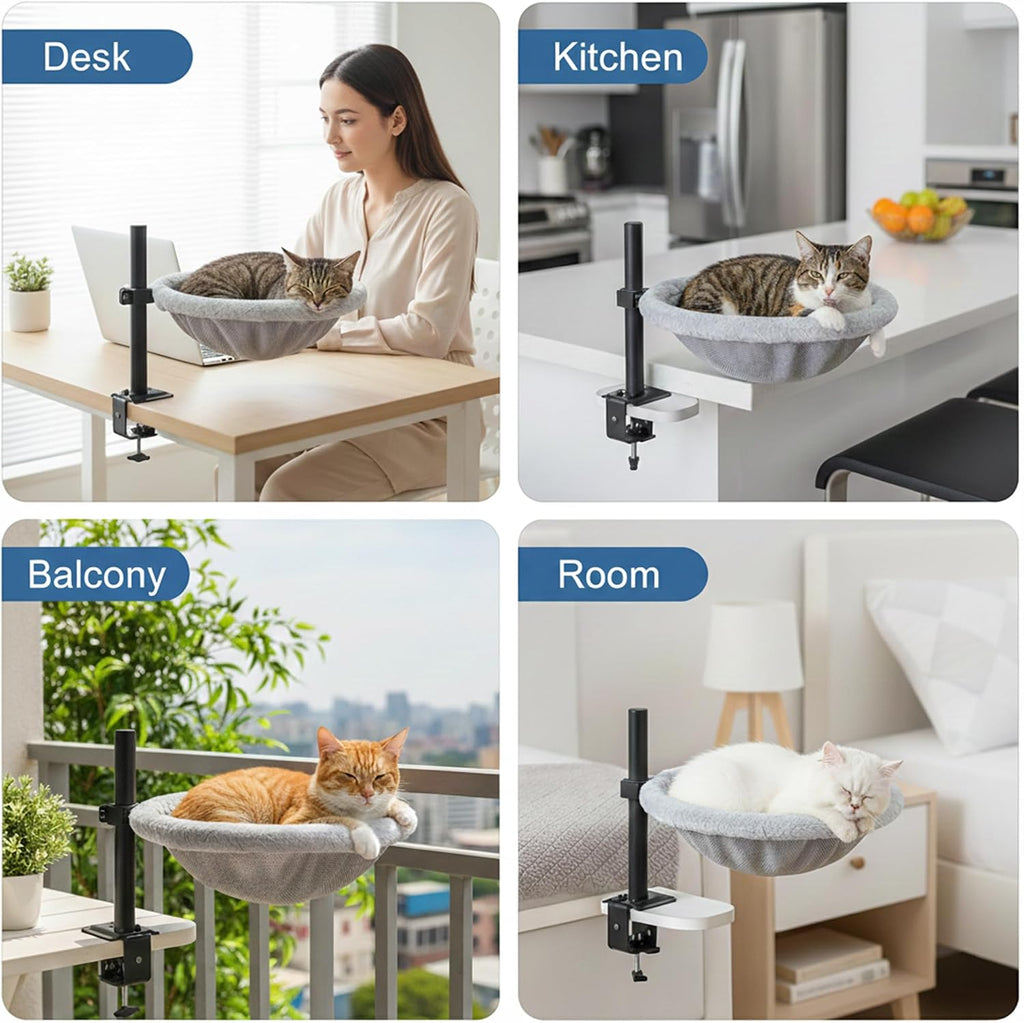 Cat Desk Bed, 360° Rotating & Height Adjustable Cat Perch for Desk, Soft Faux Fur, Removable & Washable, Supports Up to 44 lbs – Perfect for Remote Workers, Gamers & Office Cats