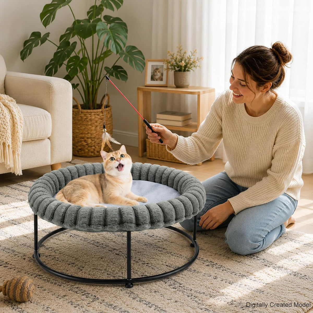 Sunhoo Elevated Cat Bed for Indoor Cats Raised Kitten Hammock Large High Puppy Cot Off Floor Self-Supporting Small Pet Chair with Metal Frame Washable Cushion Easy Assembly 23 * 17 * 8.3 in (Grey)