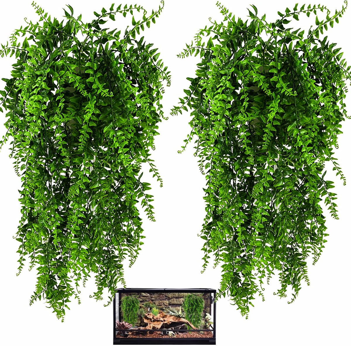 HERCOCCI 5 Pack Reptile Plants, Terrarium Hanging Plants Vines Artificial Leaves Habitat Decorations with Suction Cup for Bearded Dragon Hermit Crab Lizard Snake Geckos Chameleon