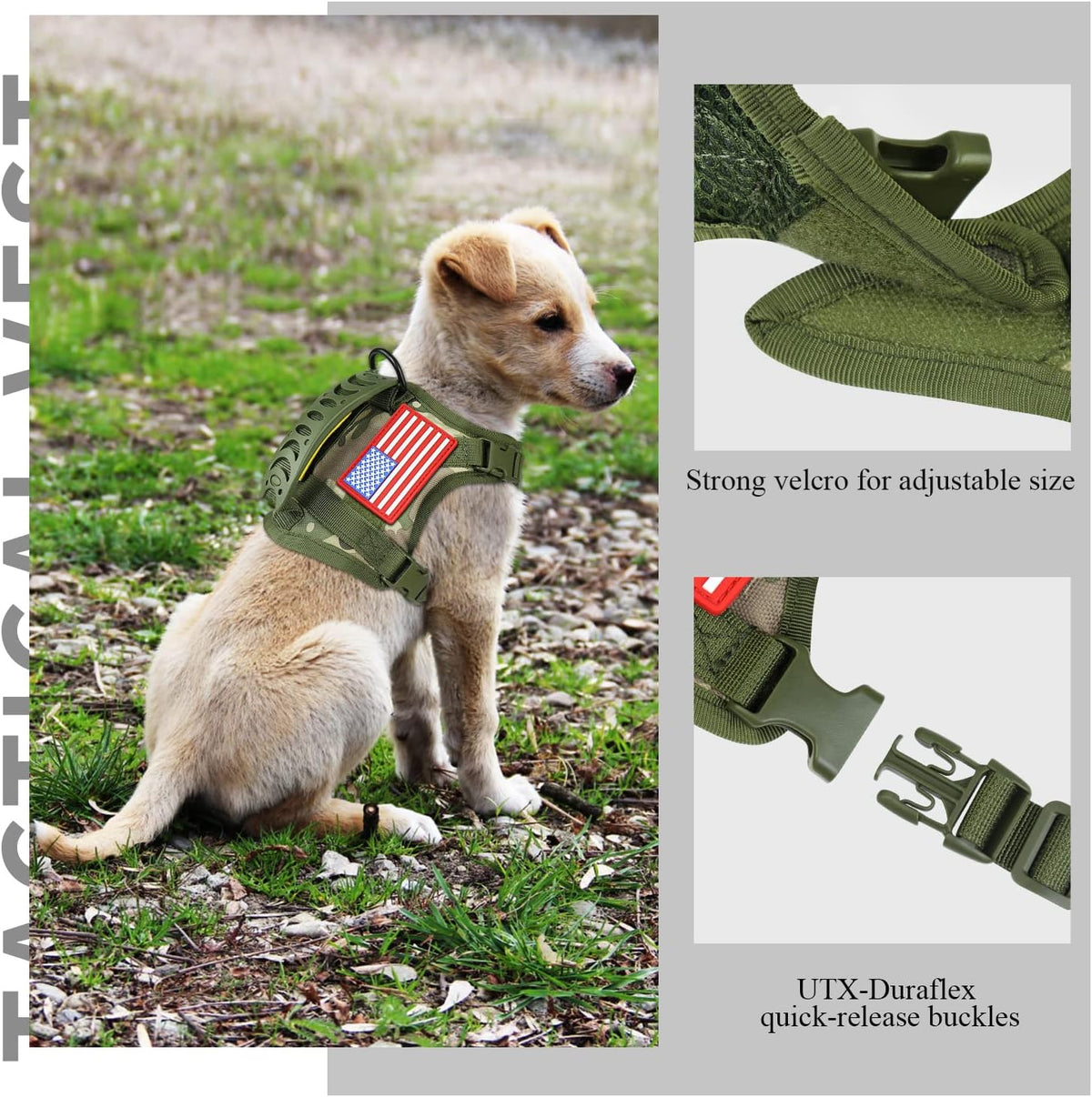 Tactical Service Dog Harness for Small Dogs, Adjustable Military K9 Working Vest with Vertical Handle, Water-Resistant MOLLE Training Gear, Camo, XS
