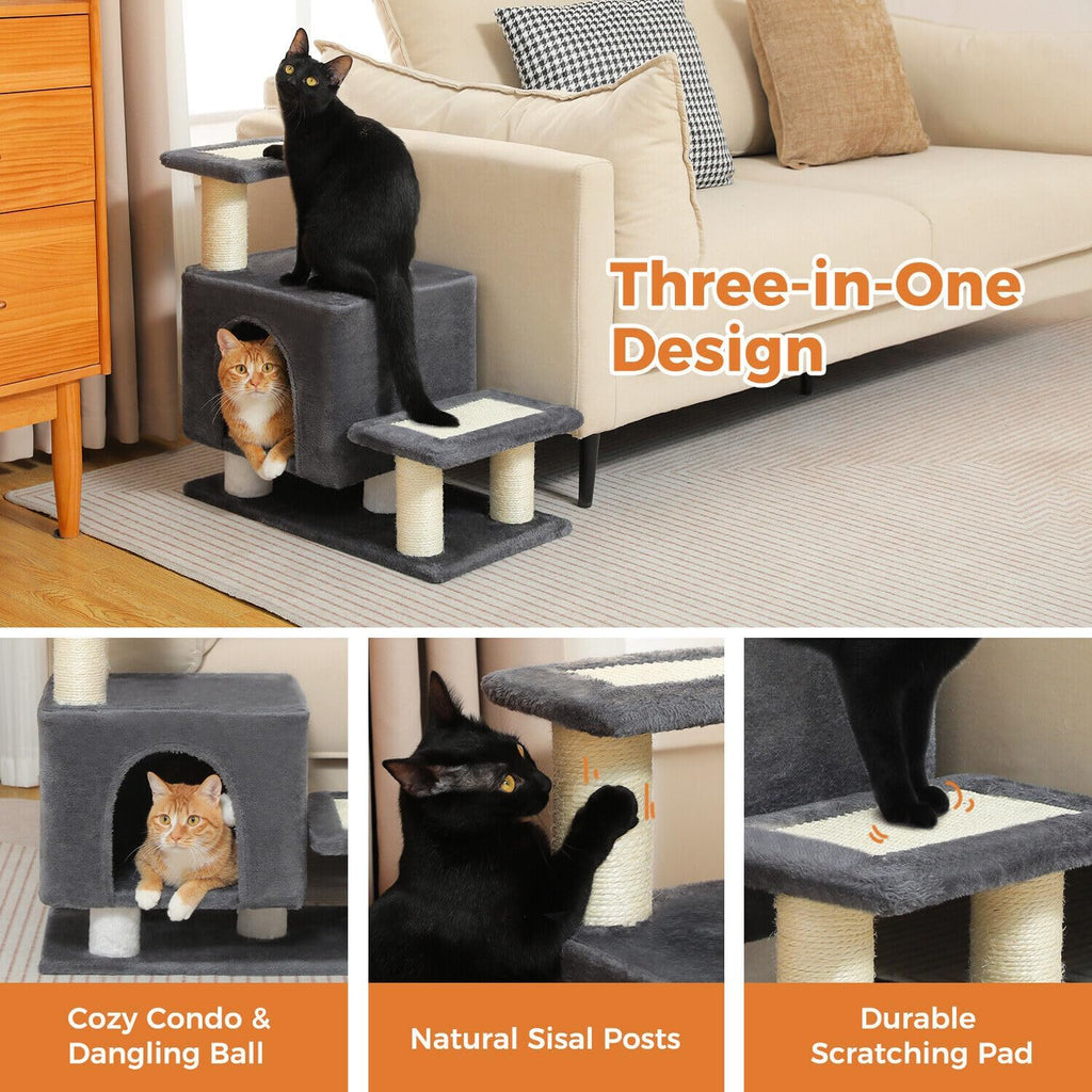 3-in-1 Cat Stairs with Scratching Post & Condo, Pet Steps, Dark Grey
