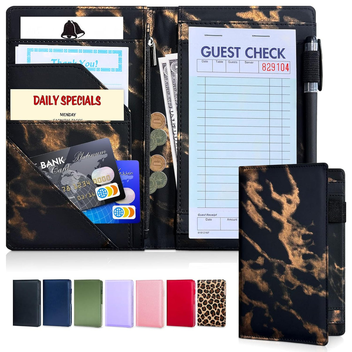 LINTRU 5x8 Server Book, 7 Pocket Zipper Organizer, Fits Apron, Marble Black