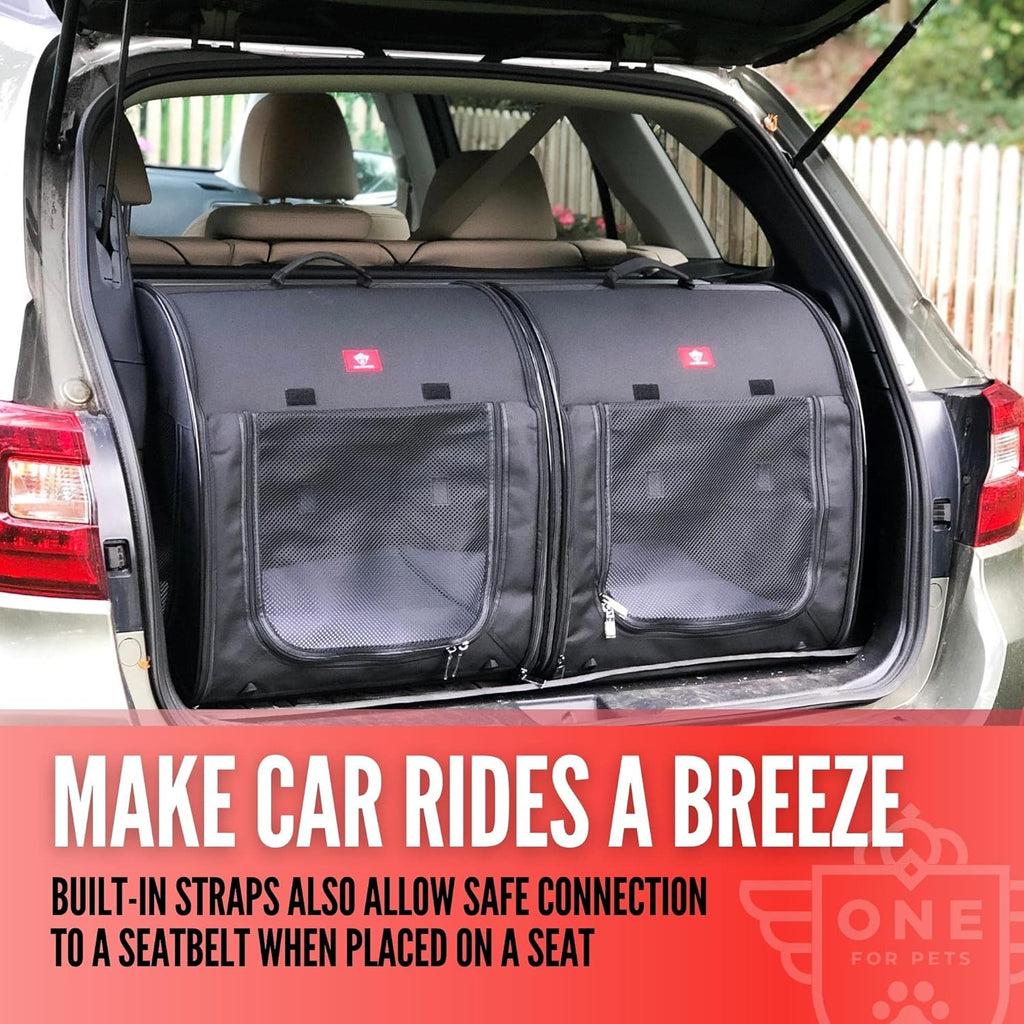 One for Pets Portable 2-in-1 Double Pet Kennel/Shelter, Fabric, Black/Royal Blue 20"x20"x39" - Car Seat-Belt Fixture Included (Black)