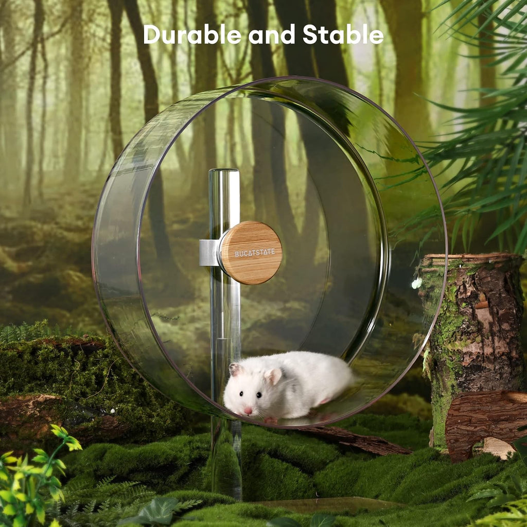 BUCATSTATE Hamster Wheel Silent 12.5inch, Acrylic Hamster Exercise Wheel with Stable Adjustable Stand Running Wheel for Golden Bear Hamster, Sugar Gliders, Rats, Hedgehogs (Transparent)
