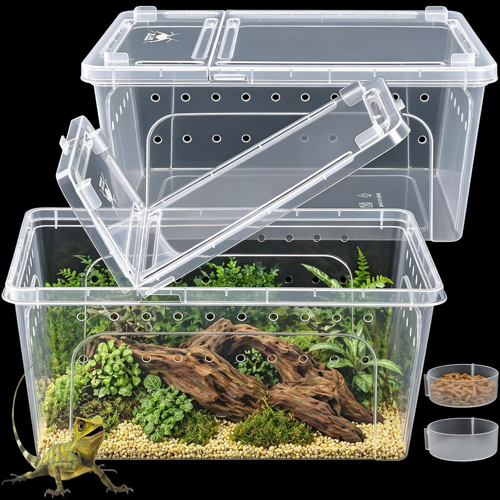 Tlence 2 Pack Critter Keeper, 12.6"x8.7"x6" Clear Plastic Enclosure Terrarium, Portable Transport Container with Feeding Bowl, Small Hatching Container with Ventilated Holes and Lid for Snake, Gecko