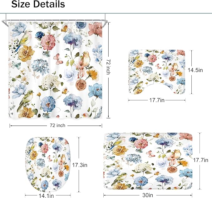 4 PCS Blue Floral Birds Bathroom Set - Image 5