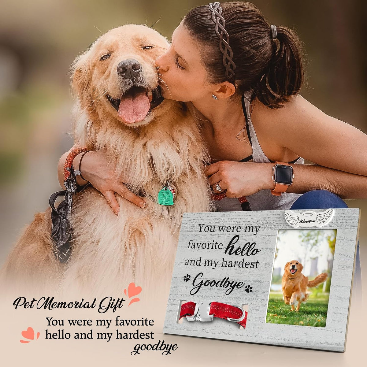 Pet Memorial Picture Frame for Loss of Pet Sympathy Keepsake Pet Collar Keepsake Wood Frame for The Dog, Light Grey Pet Remembrance Gift, Dog Picture Frame for Table, 4" x 6" Photo Insert