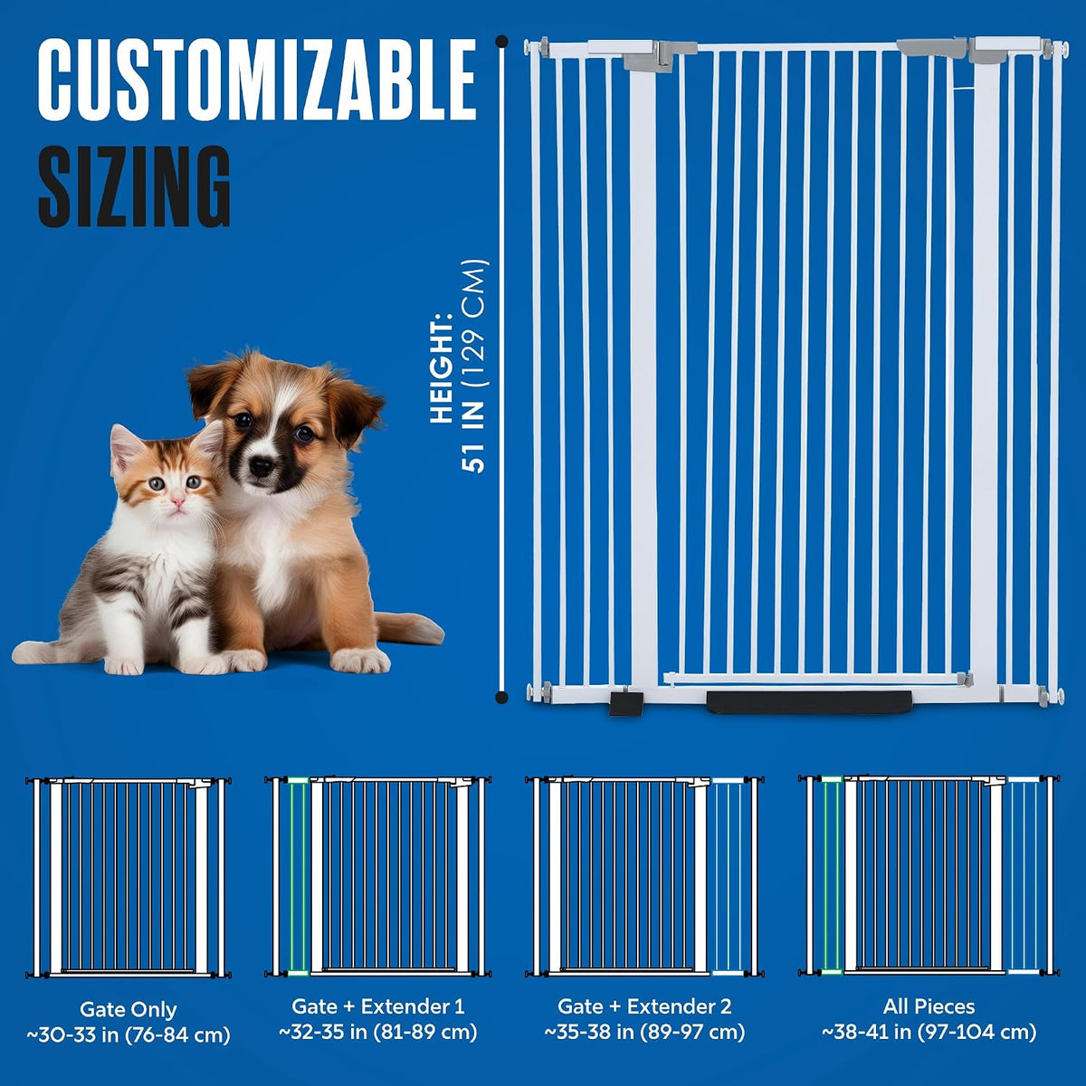 Cat Gate for Doorway, Tall Cat Gate, White, 51” High, 30 - 41 Inches Wide