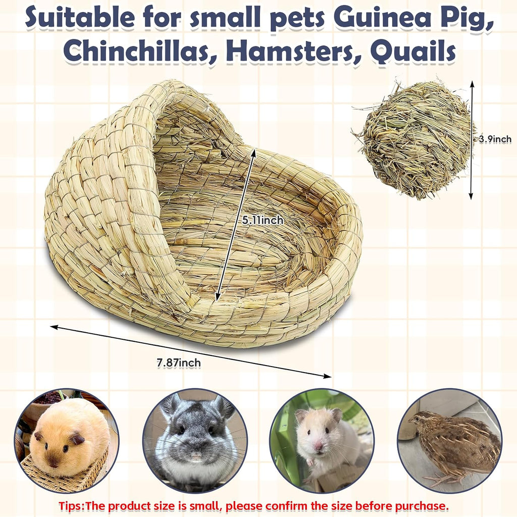 kathson Guinea Pig Grass House Guinea Pig Hideout Bunny Woven Hay Bed Hand Woven Natural Grass House for Hamster Bunny and Small Animals with Hay Chew Balls Toys(Small)