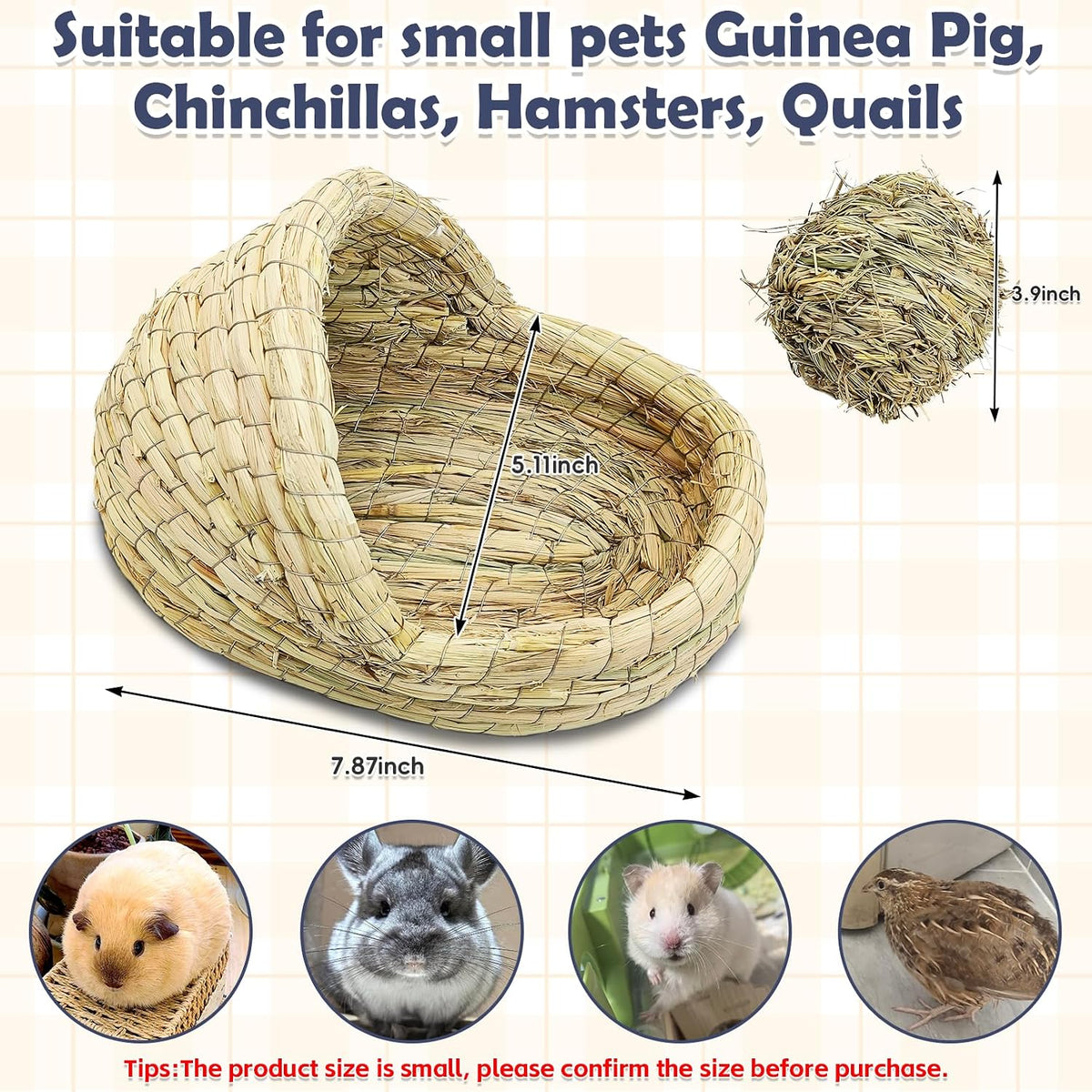 kathson Guinea Pig Grass House Guinea Pig Hideout Bunny Woven Hay Bed Hand Woven Natural Grass House for Hamster Bunny and Small Animals with Hay Chew Balls Toys(Small)
