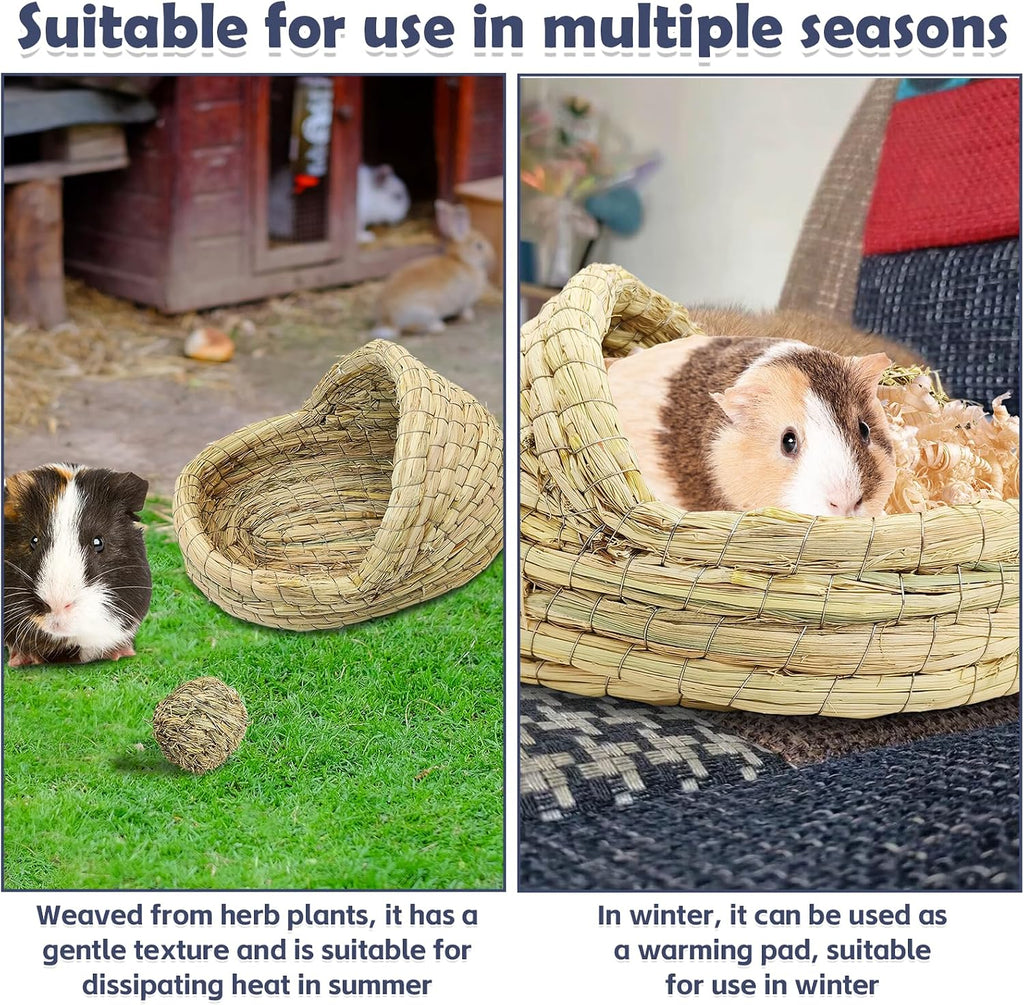 kathson Guinea Pig Grass House Guinea Pig Hideout Bunny Woven Hay Bed Hand Woven Natural Grass House for Hamster Bunny and Small Animals with Hay Chew Balls Toys(Small)