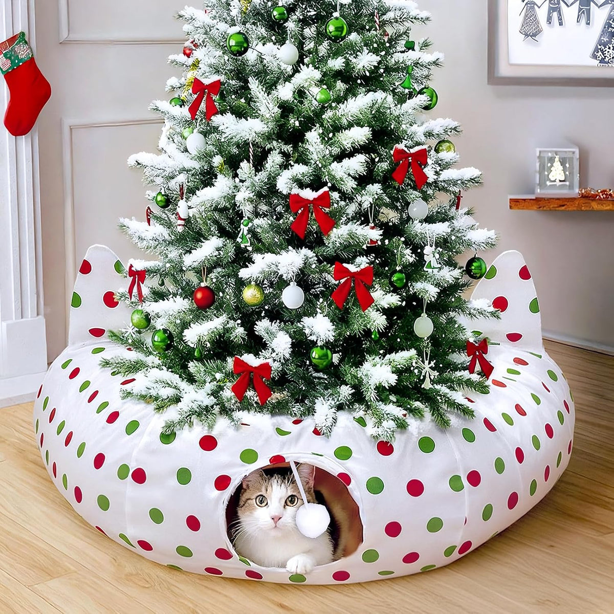 Cat Tunnels for Indoor Cats 35.4'', Circle Polka Dots Christmas Tree Skirt