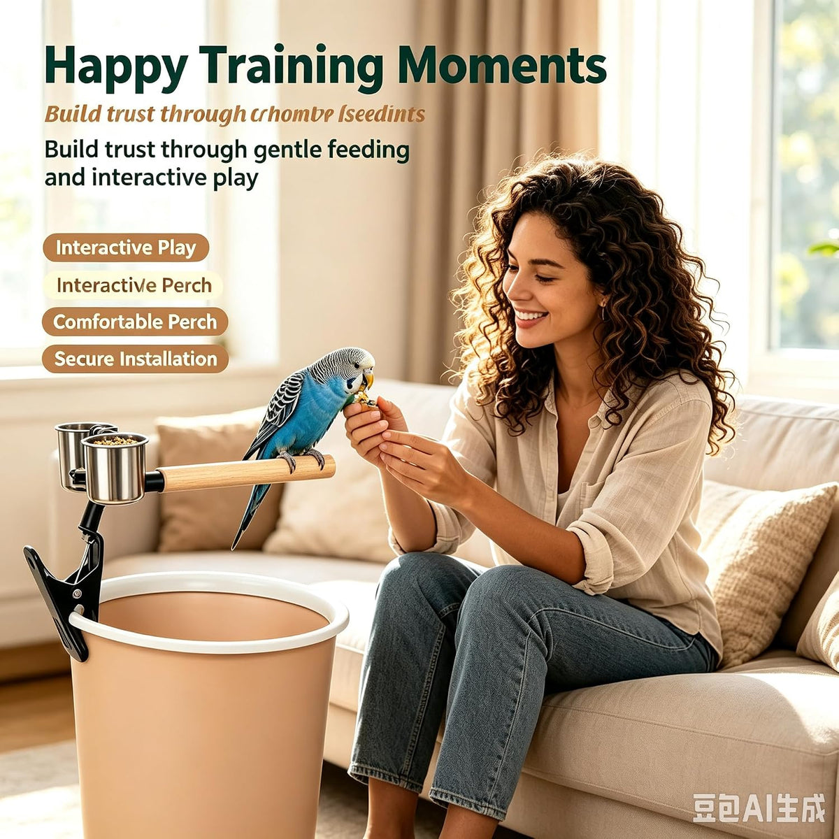 Bird Stand Parrot Perch Clip, Parrot Training Perch with Two Stainless Steel Cup, Portable Natural Wood Bird Happy Toy for Budgies, Cockatiels, Conures, Monk Parakeets, Lovebirds
