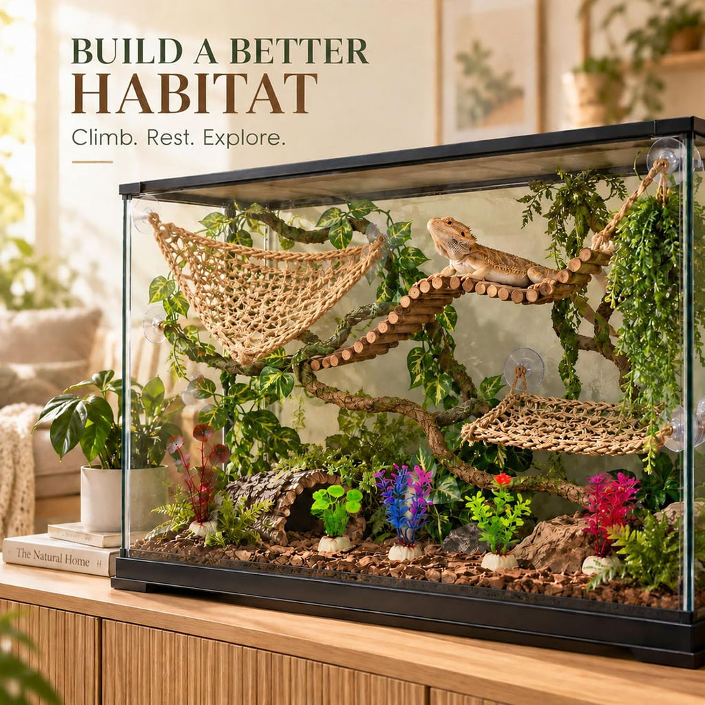 Bearded Dragon Tank Accessories, Reptile Terrarium Kit, Vines Plants Decor Hammock Hide Climbing Bridge for Geckos Lizards Hermit Crabs Chameleons Snakes and Spiders