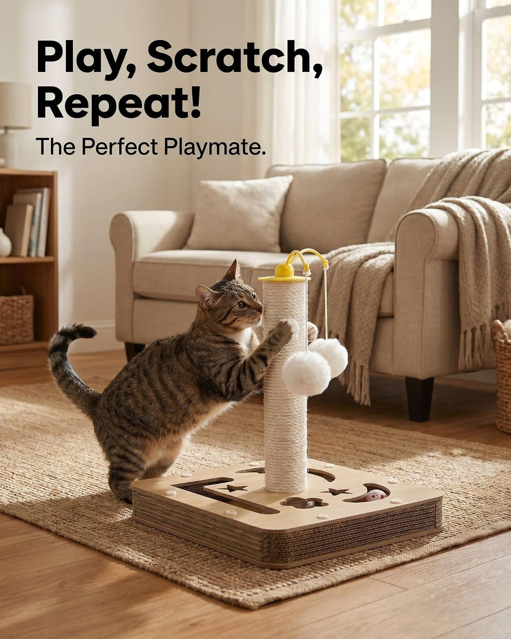 3-in-1 Interactive Cat Toy & Durable Sisal Scratching Post