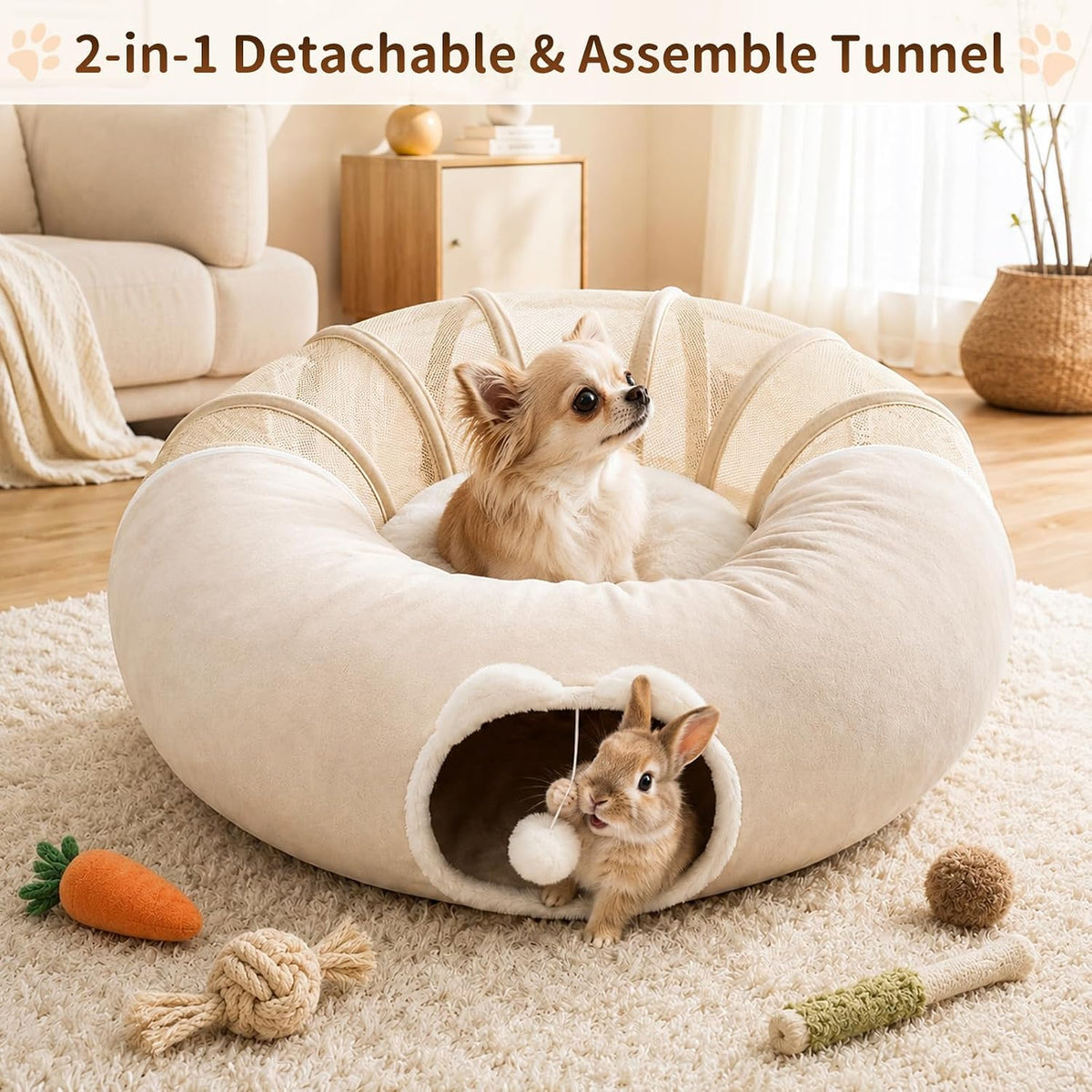 Cat Tunnel Bed with Toy, Detach & Wash Cat Tunnel for Indoors