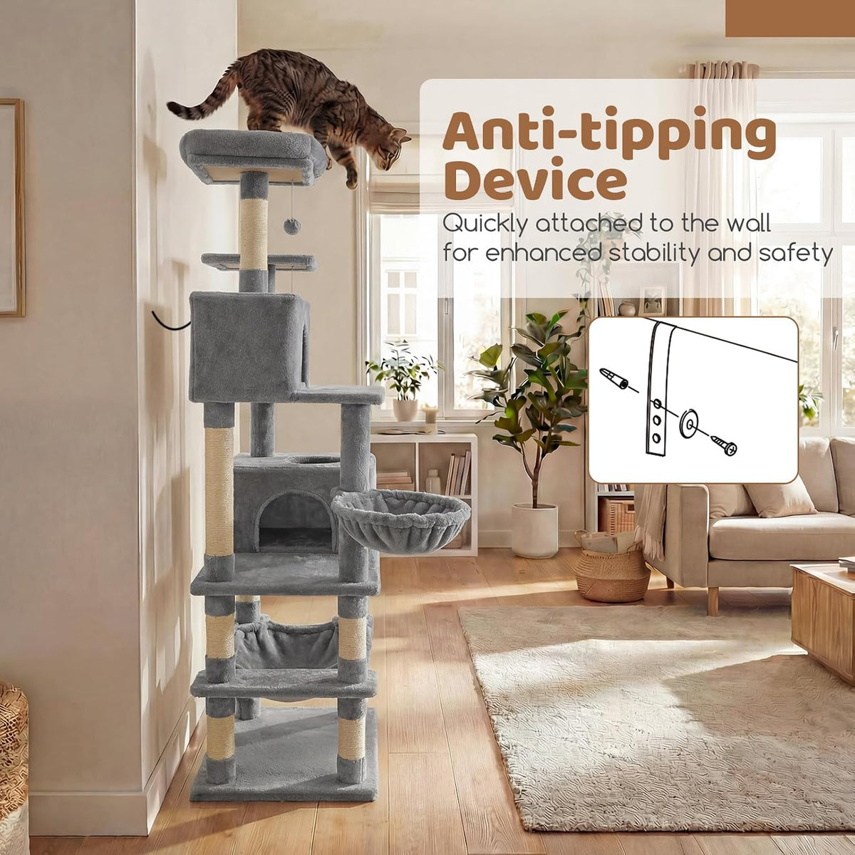 DORTALA Cat Tree for Indoor Cats, 66" Tall Cat Tower with 2 Condos, Sisal Scratching Posts, Plush Perch, Hammock, Dangling Balls, Multi-Level Pet Climbing Furniture Activity Center (Light Gray)
