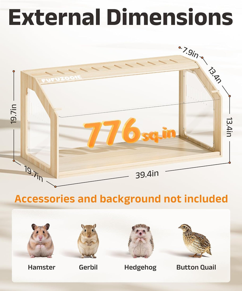 39" Large Hamster Cage with Clear Background, Wooden Gerbil Cage