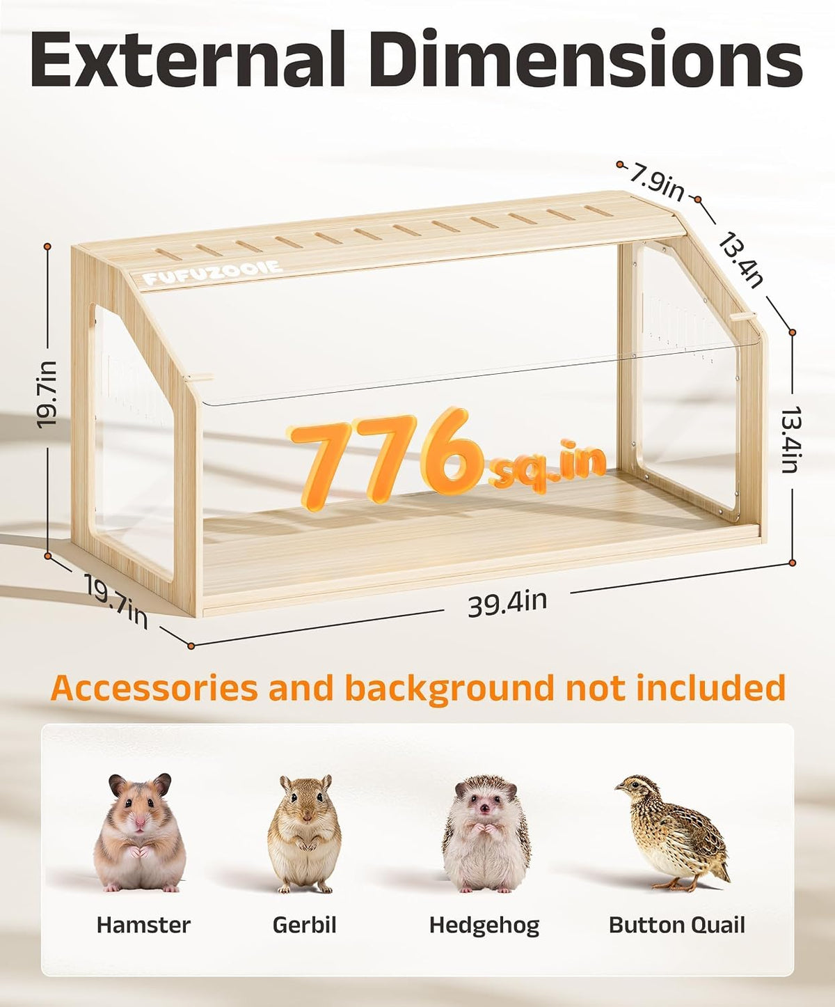 39" Large Hamster Cage with Clear Background, Wooden Gerbil Cage