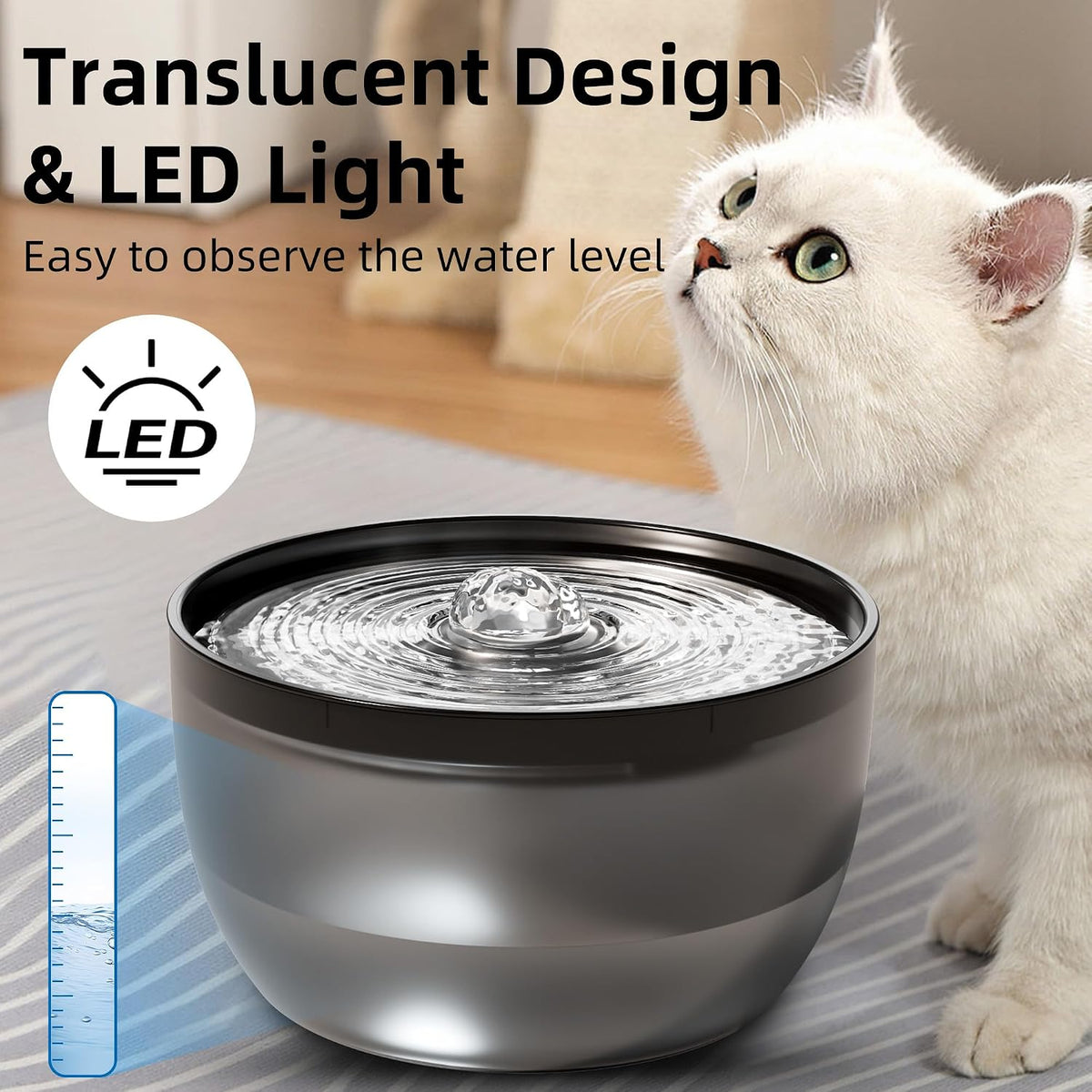 Casfuy W8 Quiet Stainless Steel Dog & Cat Water Fountain with LED Light, Black, 102-oz