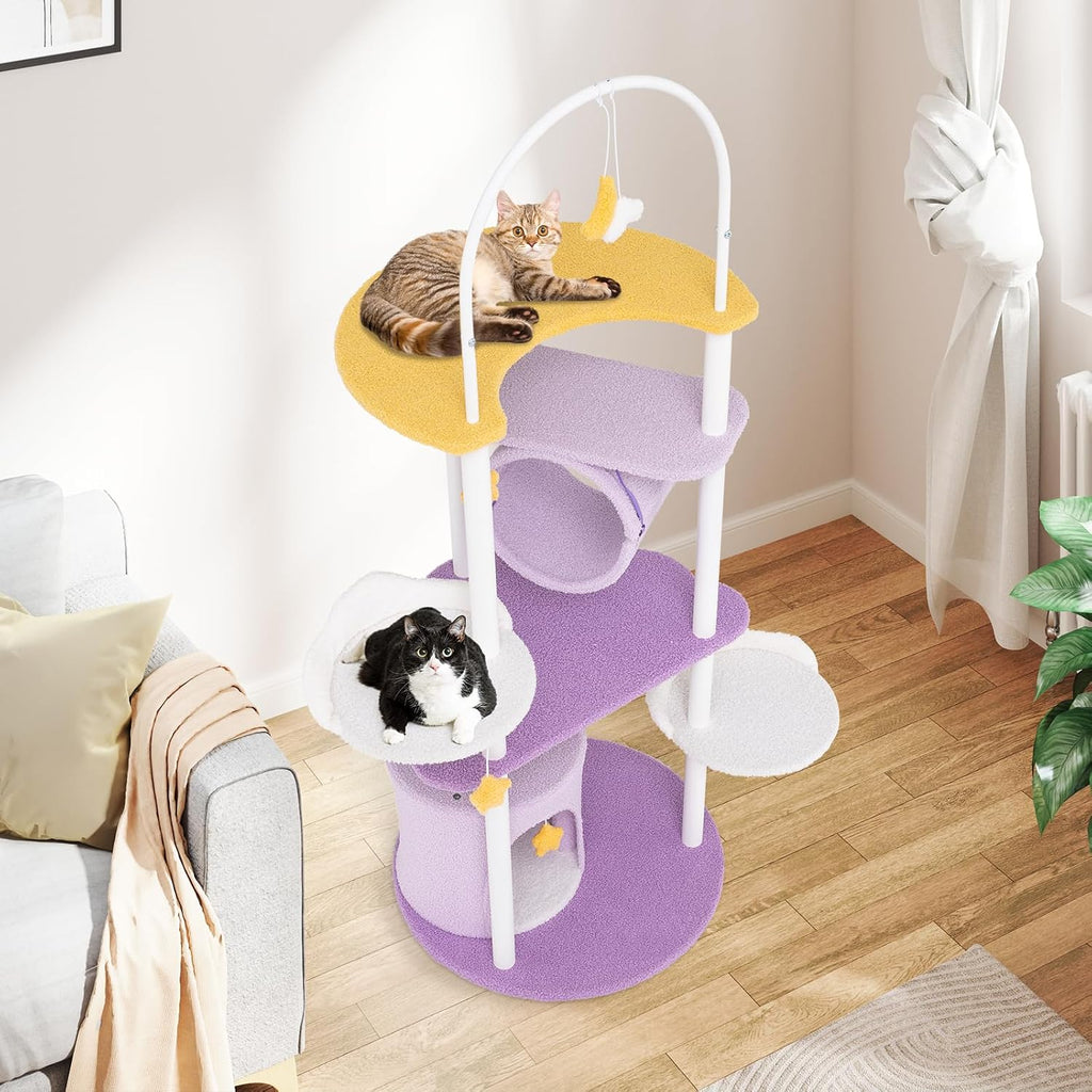 Tangkula Cute Cat Tree, 62 Inch Multi-Level Large Cat Tower with Metal Frame, Moon-Shaped Top Perch, Jumping Platforms, Cat Condo, Tunnel & Hanging Toys, Purple Cat Tree Tower for Indoor Cats