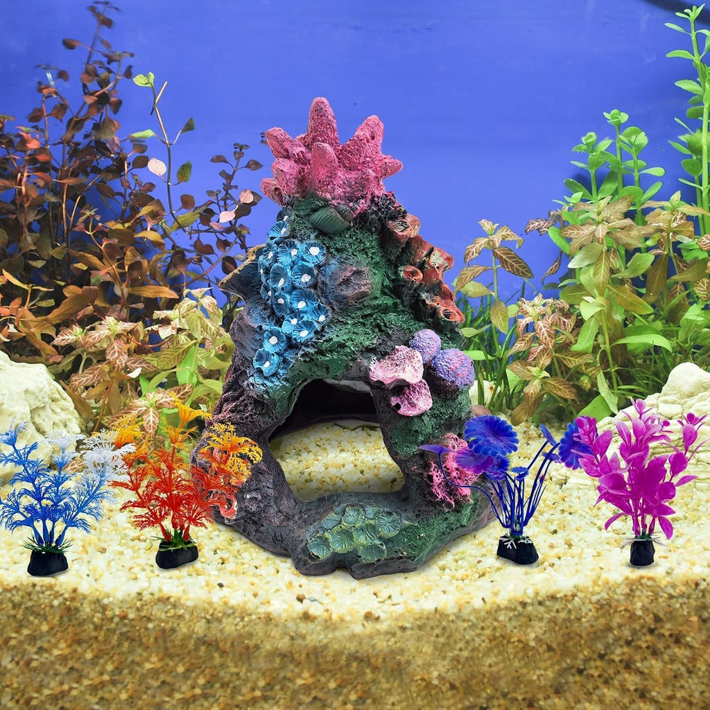 Coral Small Fish Tank Decorations with 4PCS Artificial Aquarium Plants