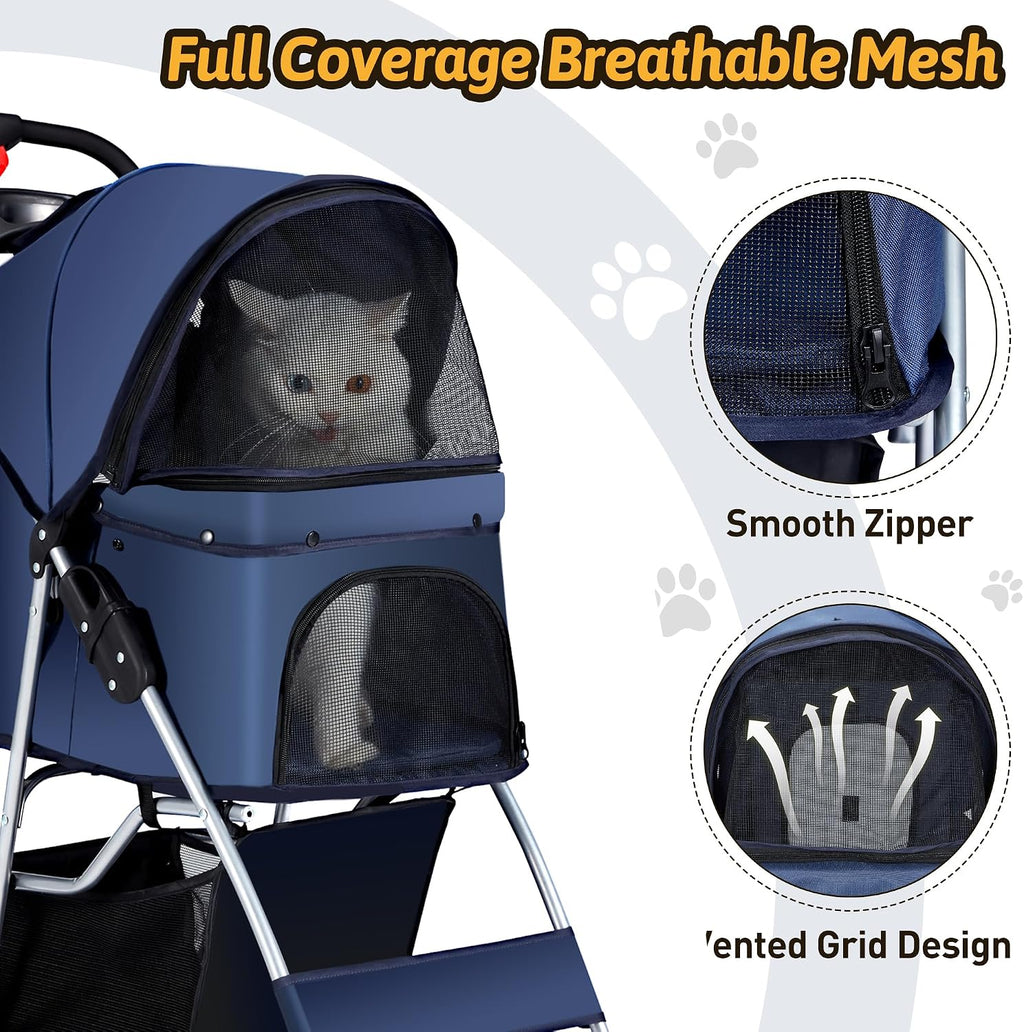 Foldable Pet Stroller 4 Wheels for Small Medium Dogs Cats,Blue