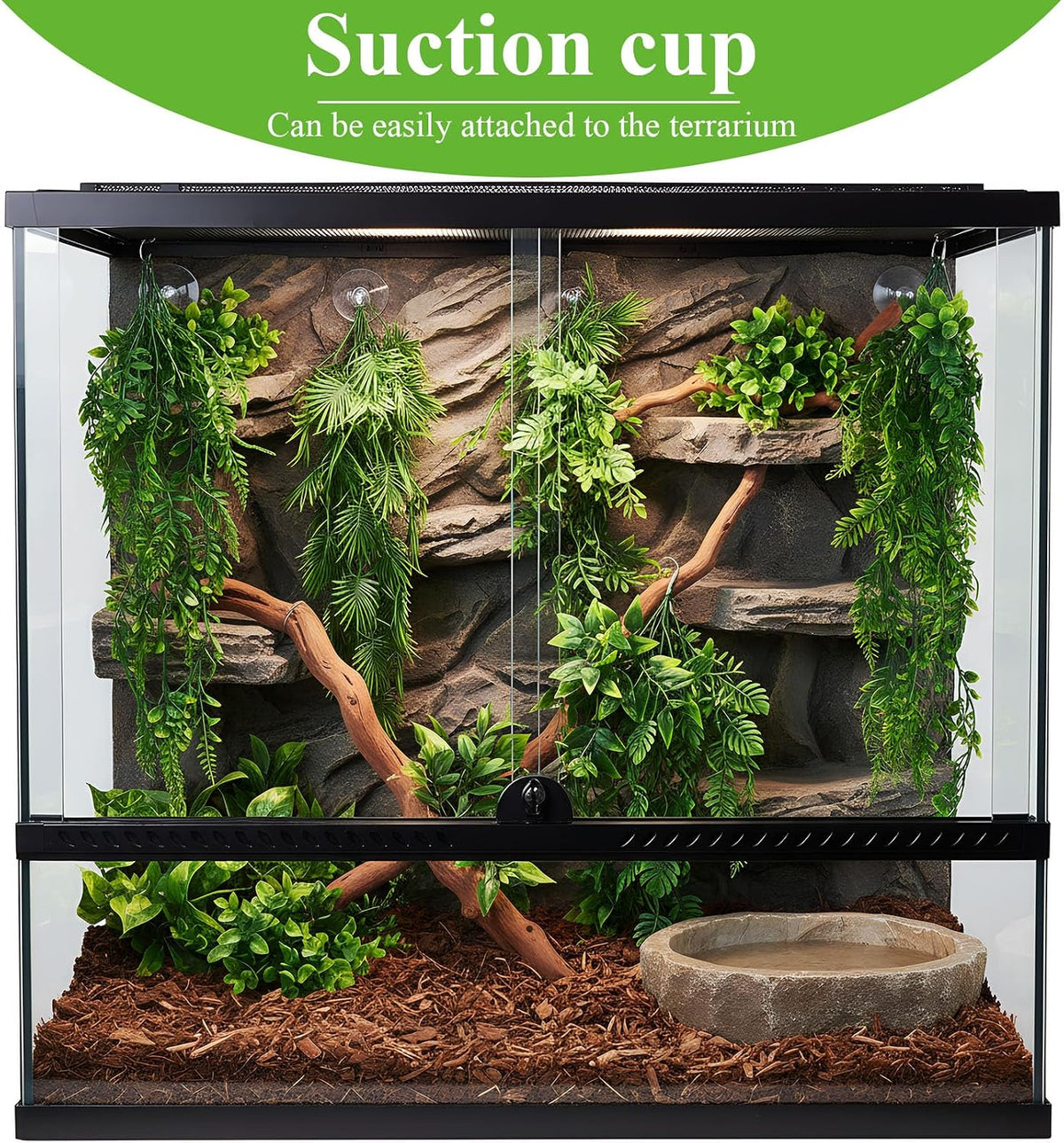 Suncalla 8 Pack Reptile Plants Terrarium Hanging Plant Vine Boston Climbing Terrarium Plant with Suction Cup for Bearded Dragons Lizard Crested Gecko Snake Crab Tank(Lush Series,Multiple Green)