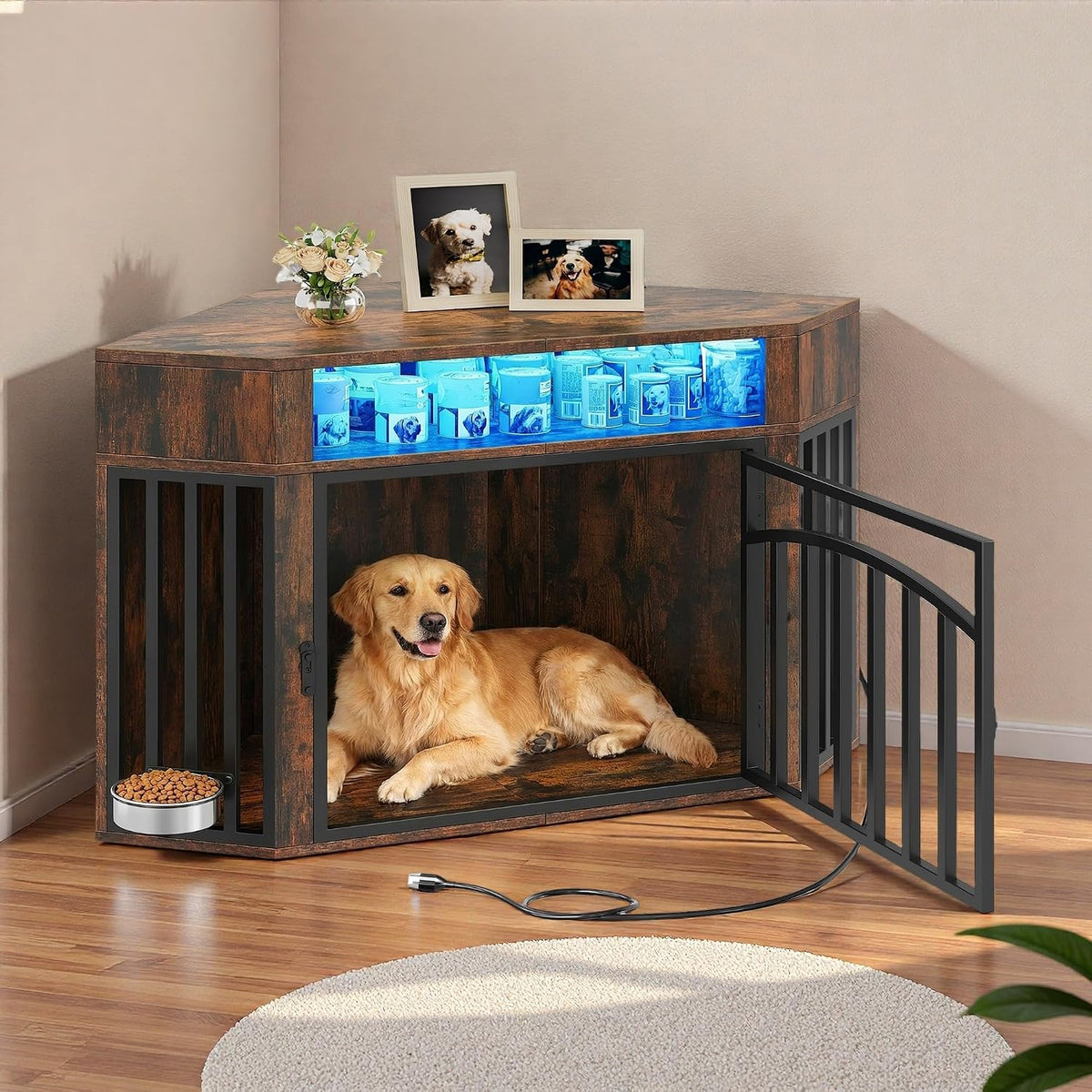 DWVO 52" Corner Dog Crate with Bowl & LED Light & Power Outlets