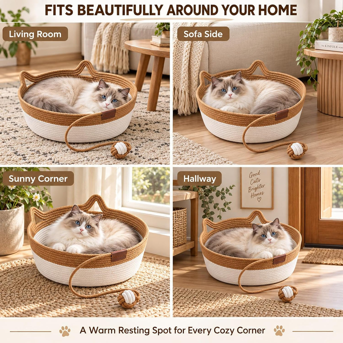Instinct Basket for Cats, Minimal Creases Cat Bed, Brown, Large