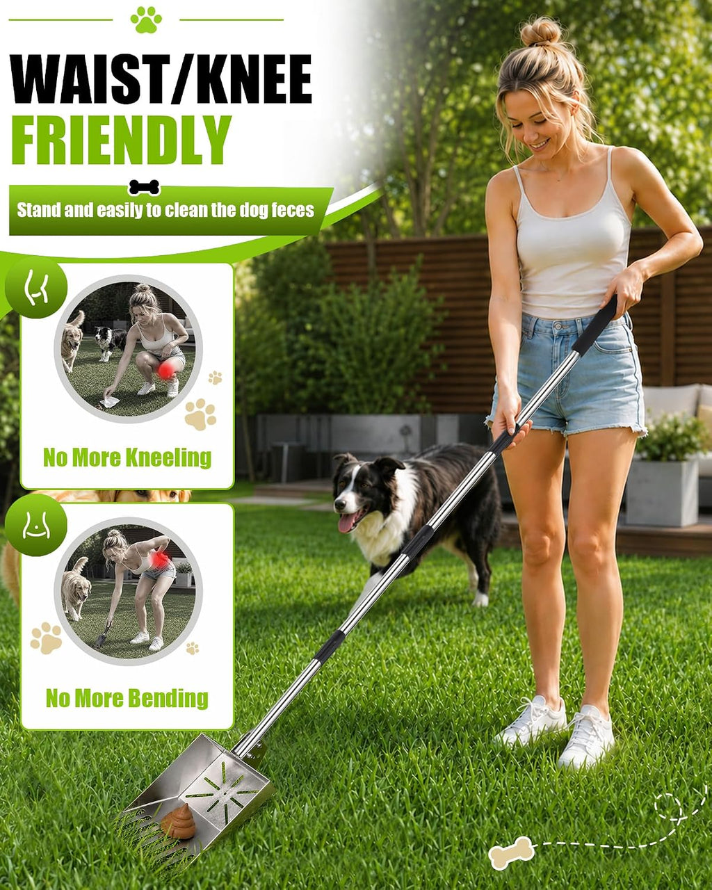 71" Stainless Steel Pooper Scooper, 3-Adjustable Angle Dog Shovel & Rake