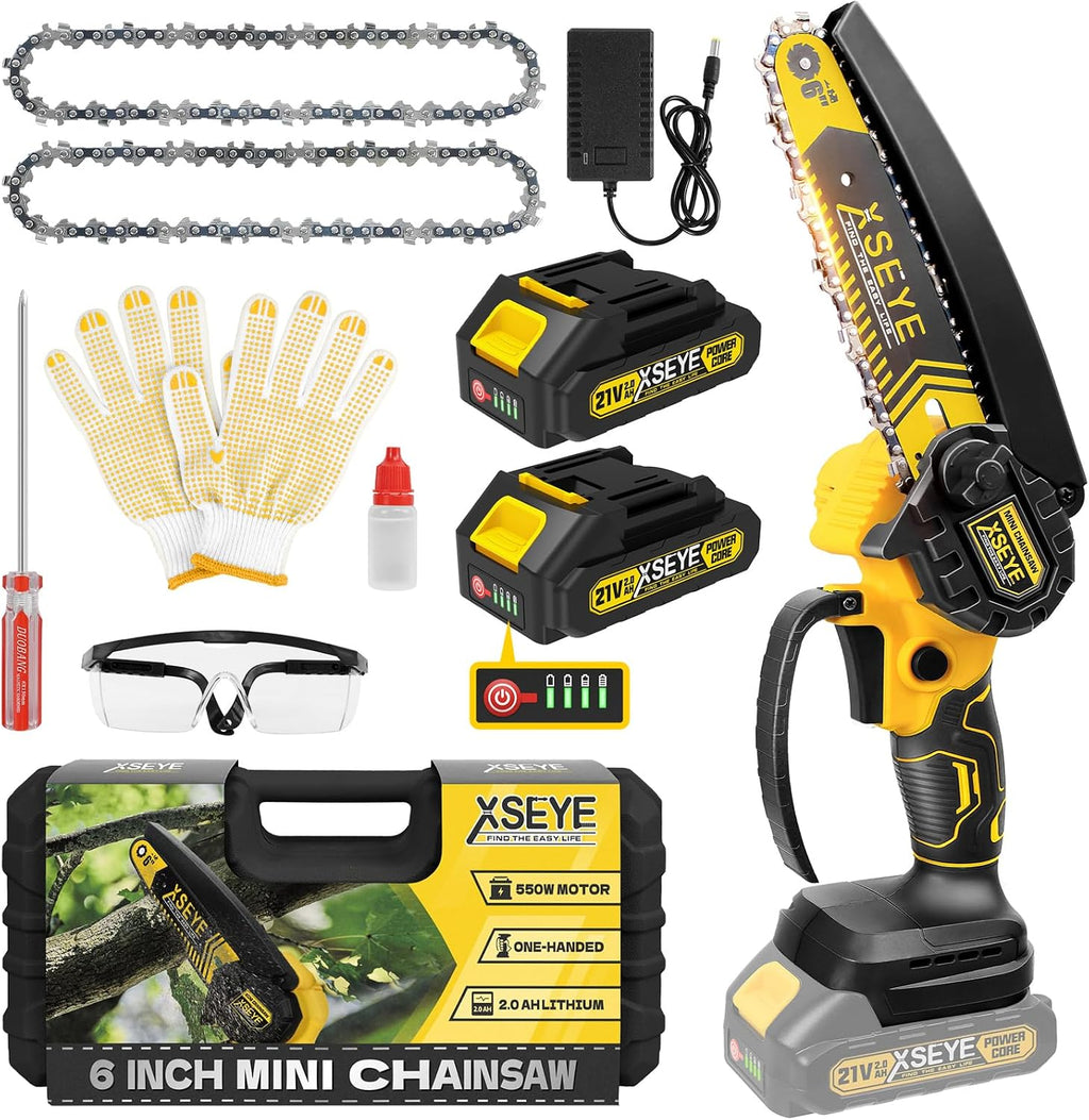 XSEYE 6-Inch Mini Chainsaw Cordless, Handheld Electric Saw with 2 Batteries
