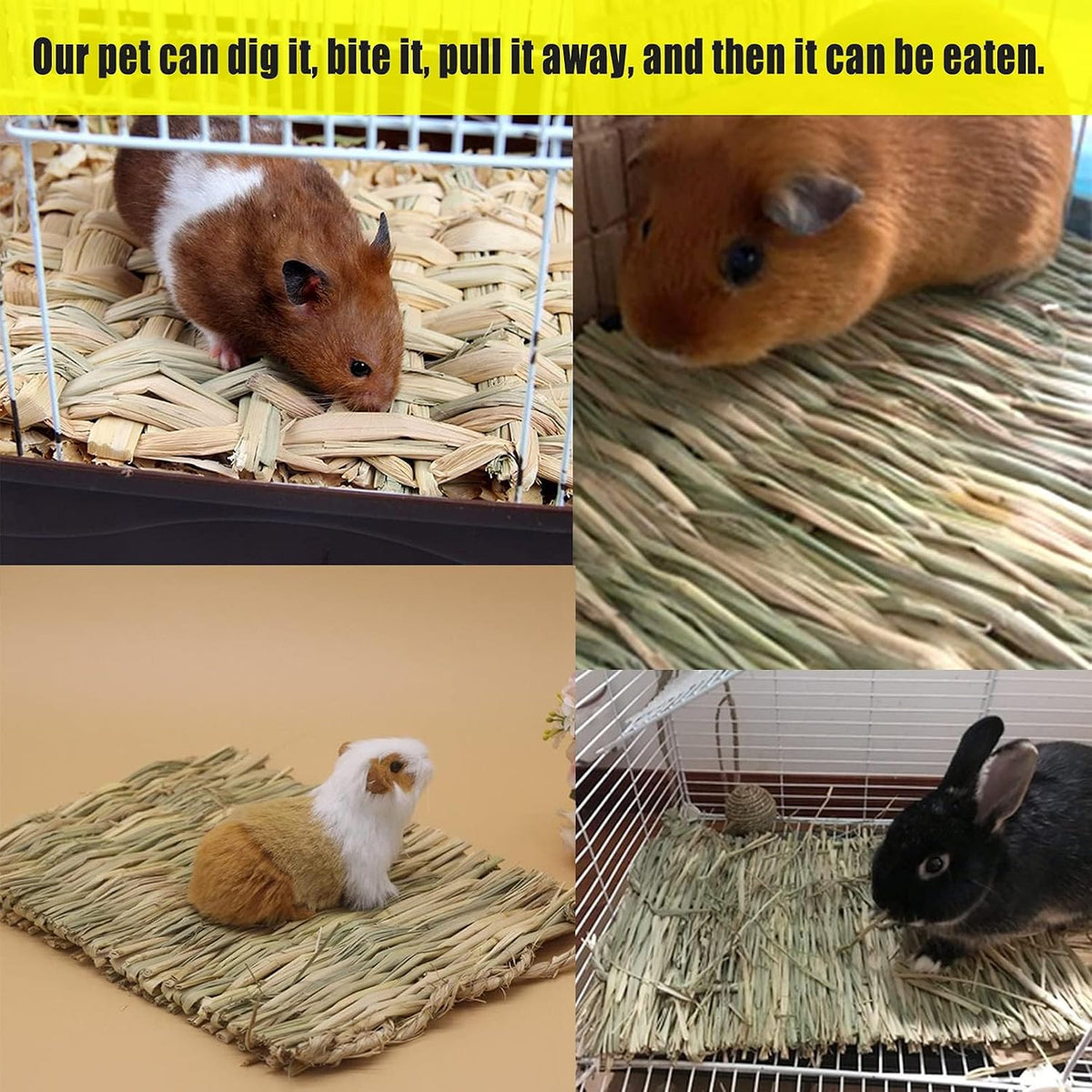 Hamiledyi Hay Mats for Rabbits, 6 Pack Natural Woven Straw Bunny Grass Bed