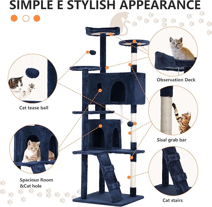 BestPet | 70" Cat Tree Tower | Navy Blue | Sturdy, Hanging Cat Toys, - Image 6
