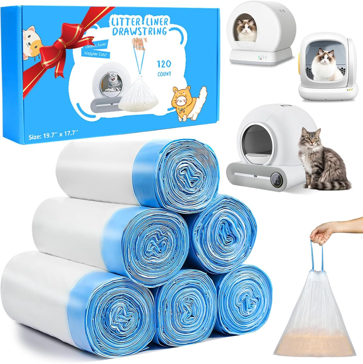 60 Count Cat Litter Box Liners Bags, Extra-Thick Cat Waste Bags for Self-Cleaning Litter Box, Drawstring Litter Liner Trash Bags for Automatic Box Self Cleaning-17.7" x 19.68"