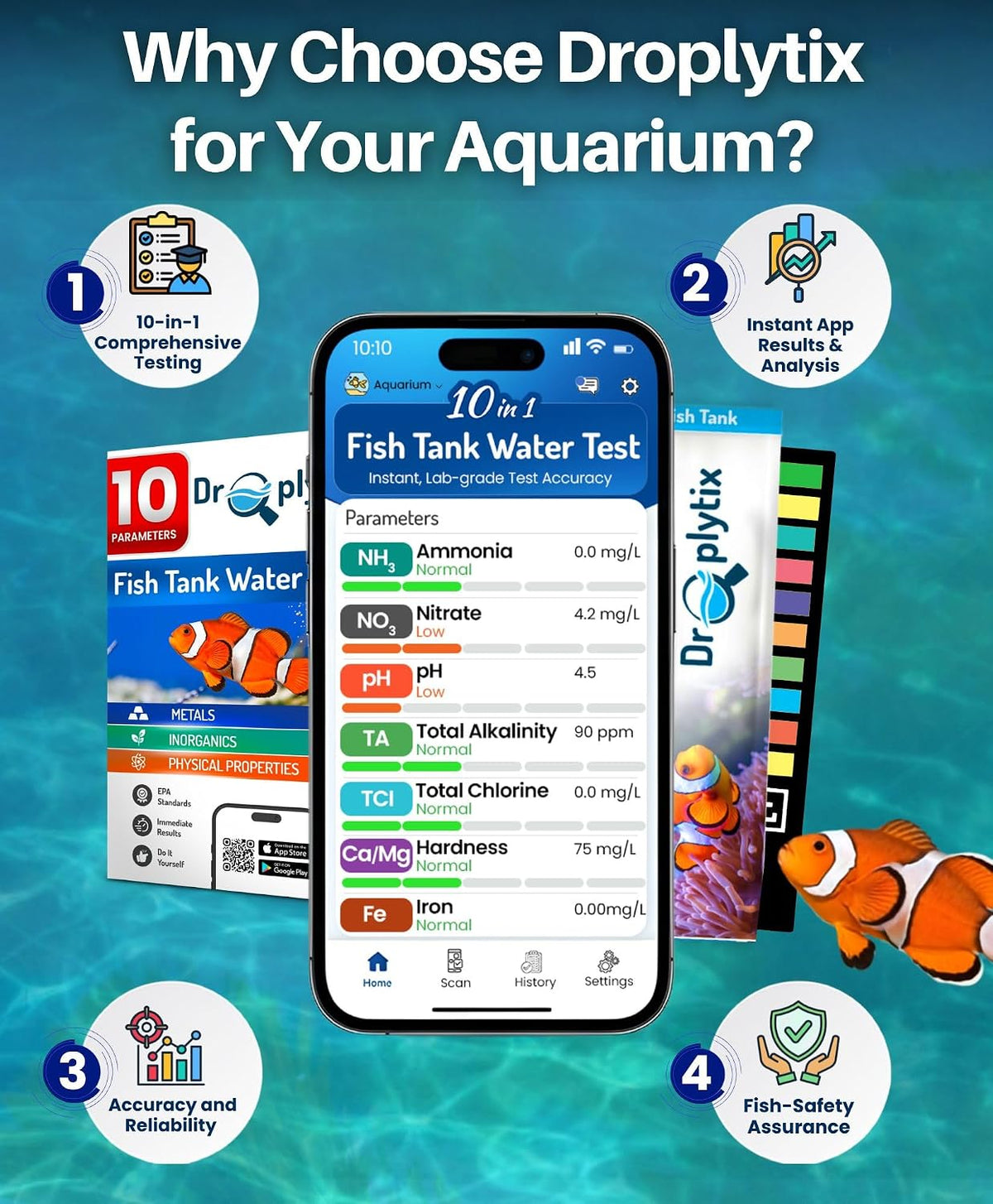 Digital Aquarium Water Test Kit, App-Enabled 10-in-1 Fish Tank Test Kit for Freshwater & Saltwater, Aquarium Test Strips for Fish Tanks, Reef, pH, Ammonia, Nitrate, Nitrite, GH, KH, Chlorine