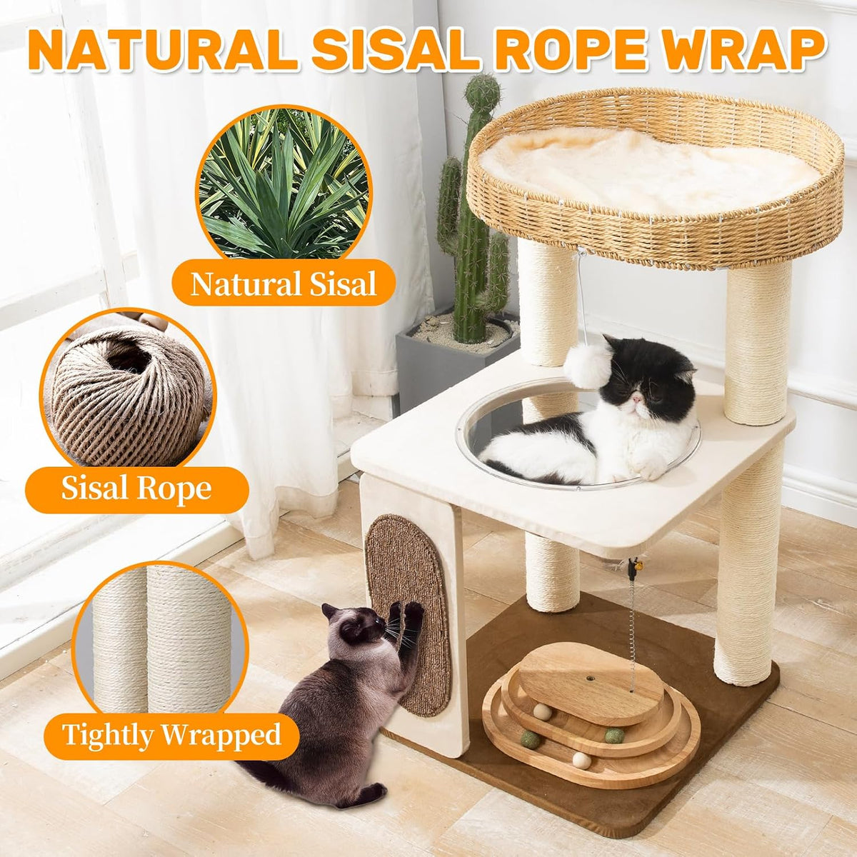 Modern Cat Tree for Indoor Cats, 30 in Cat Tower with Basket Bed